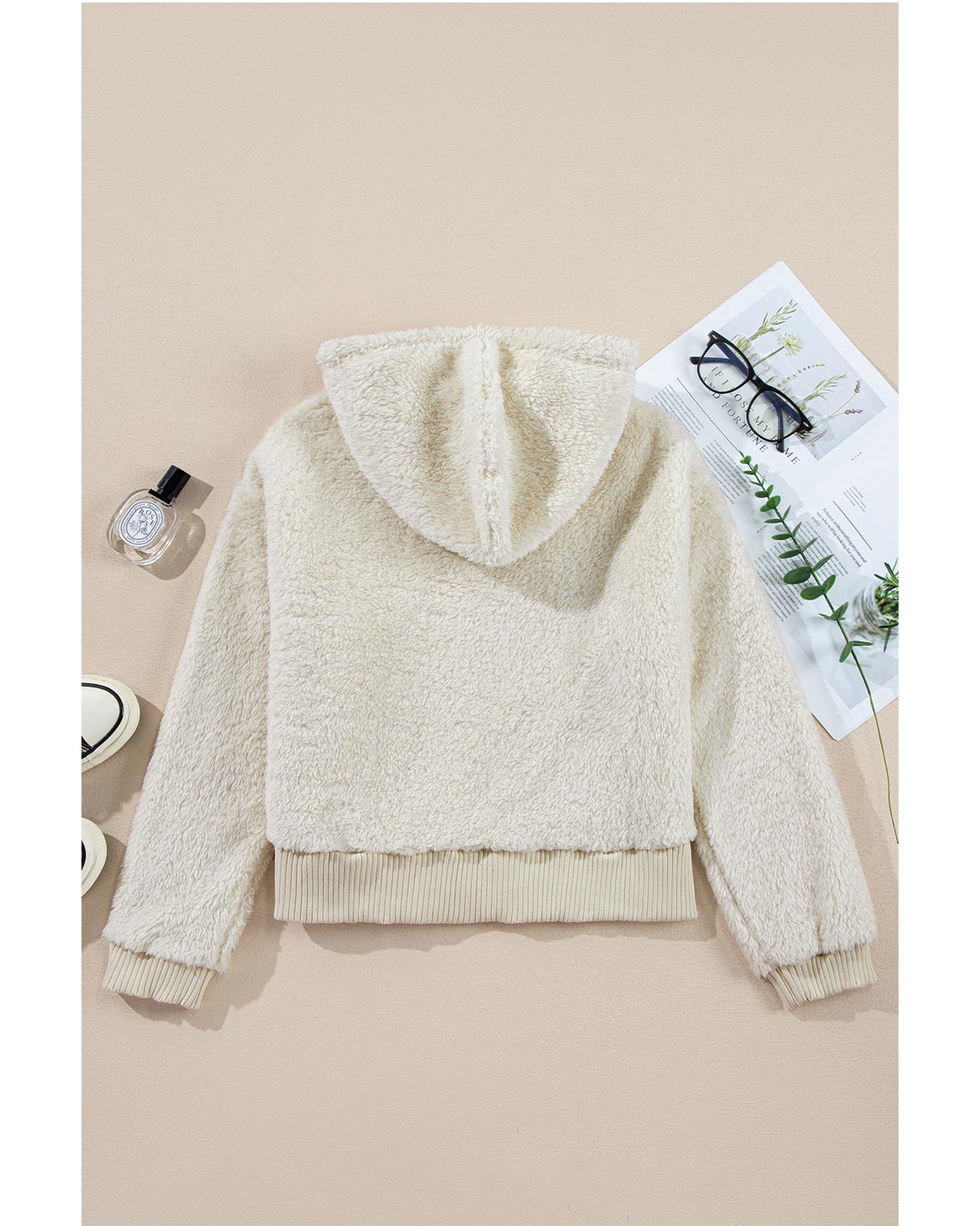 White Contrast Ribbed Edge Plush Hoodie - Image 6