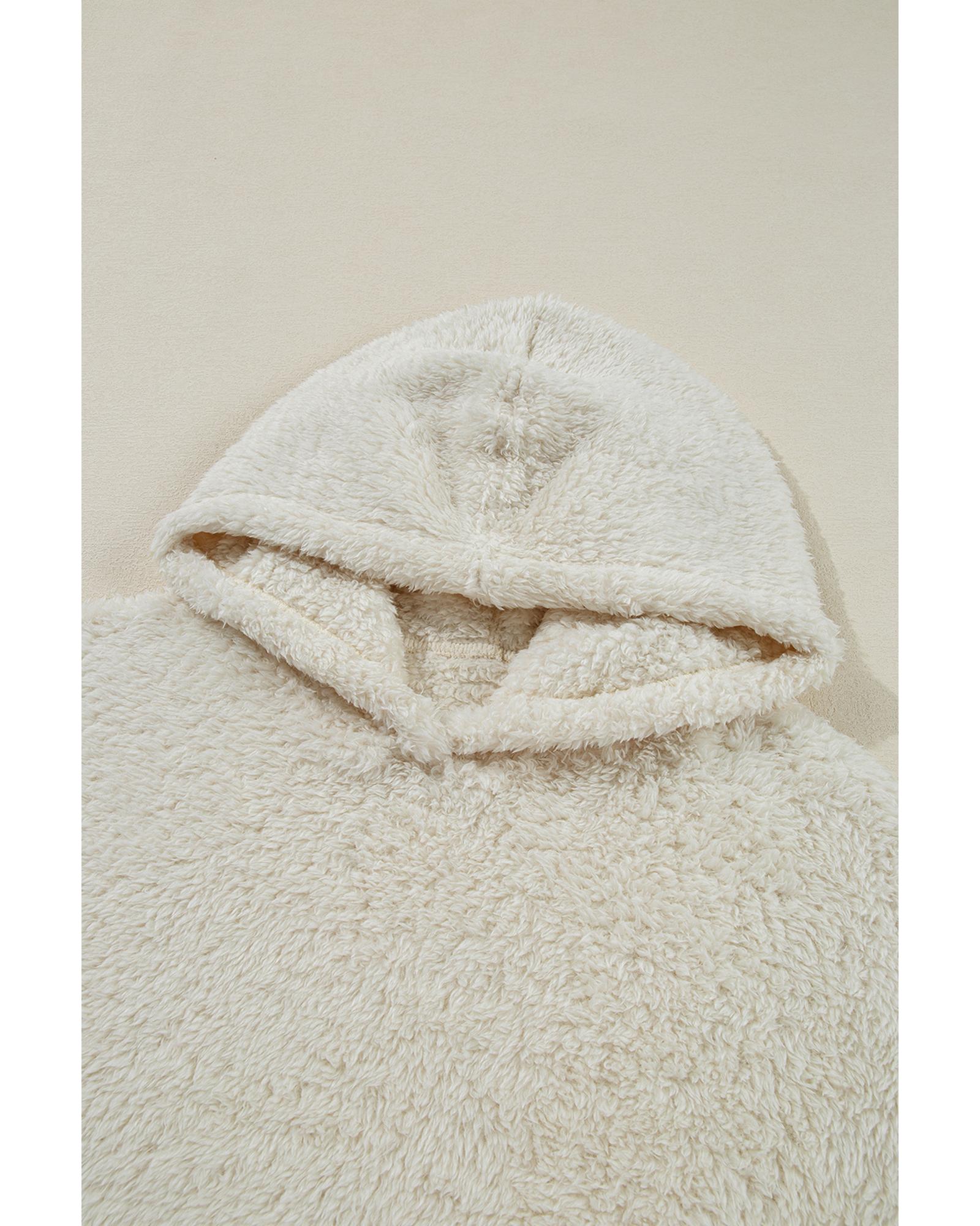 White Contrast Ribbed Edge Plush Hoodie - Image 7