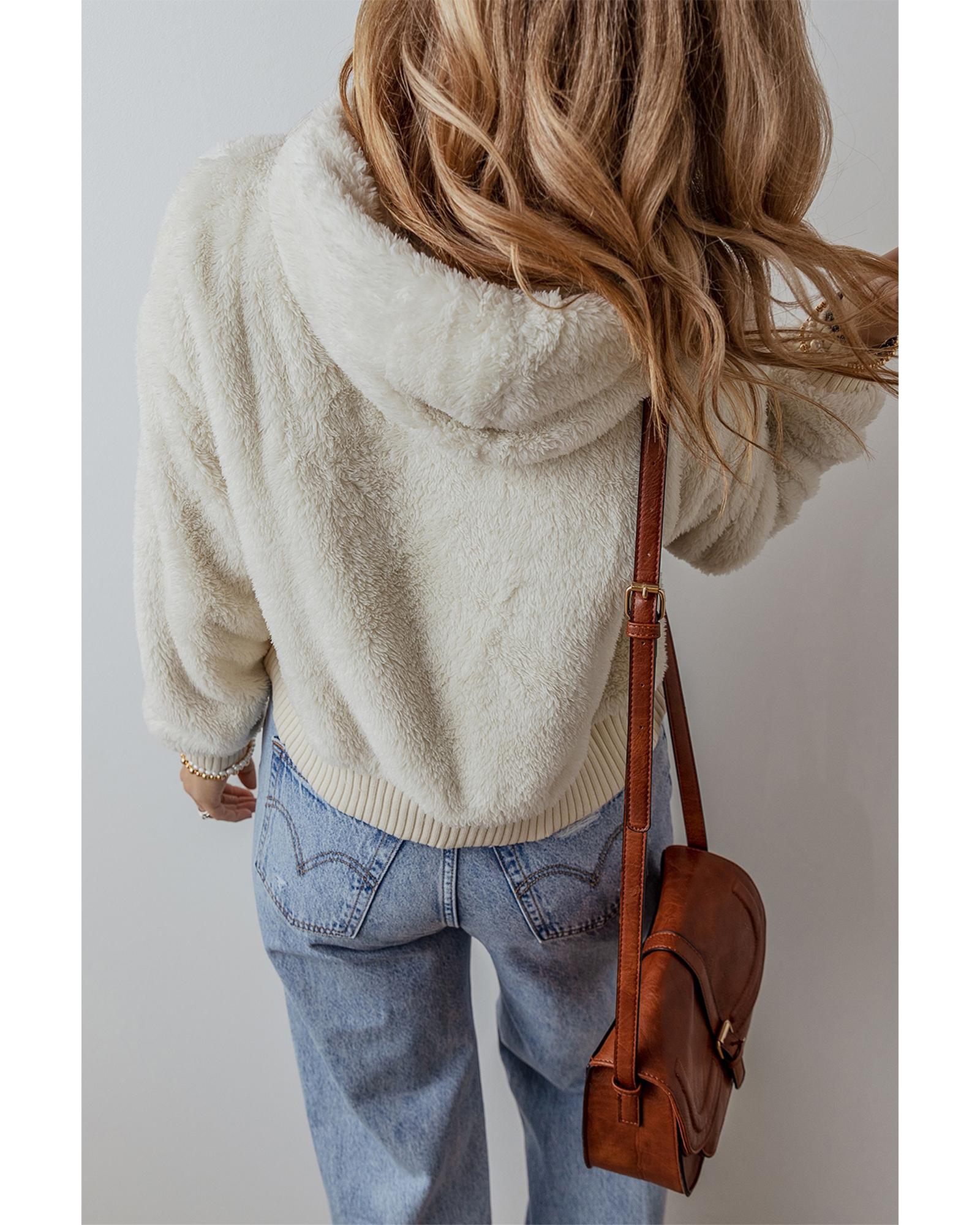 White Contrast Ribbed Edge Plush Hoodie - Image 8