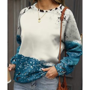 Blue Tie Dye Cow Color Block Pullover Sweatshirt