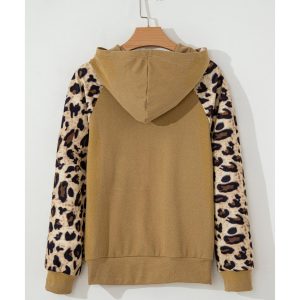Light French Beige Leopard Print Patchwork Raglan Sleeve Half Buttons Hoodie