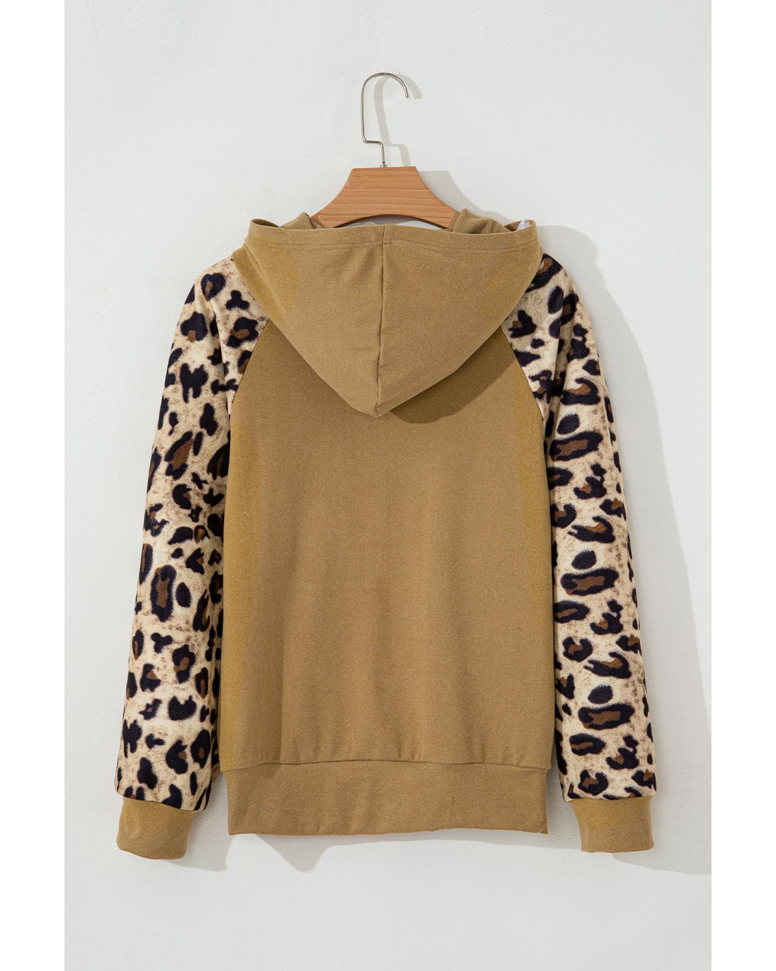 Light French Beige Leopard Print Patchwork Raglan Sleeve Half Buttons Hoodie
