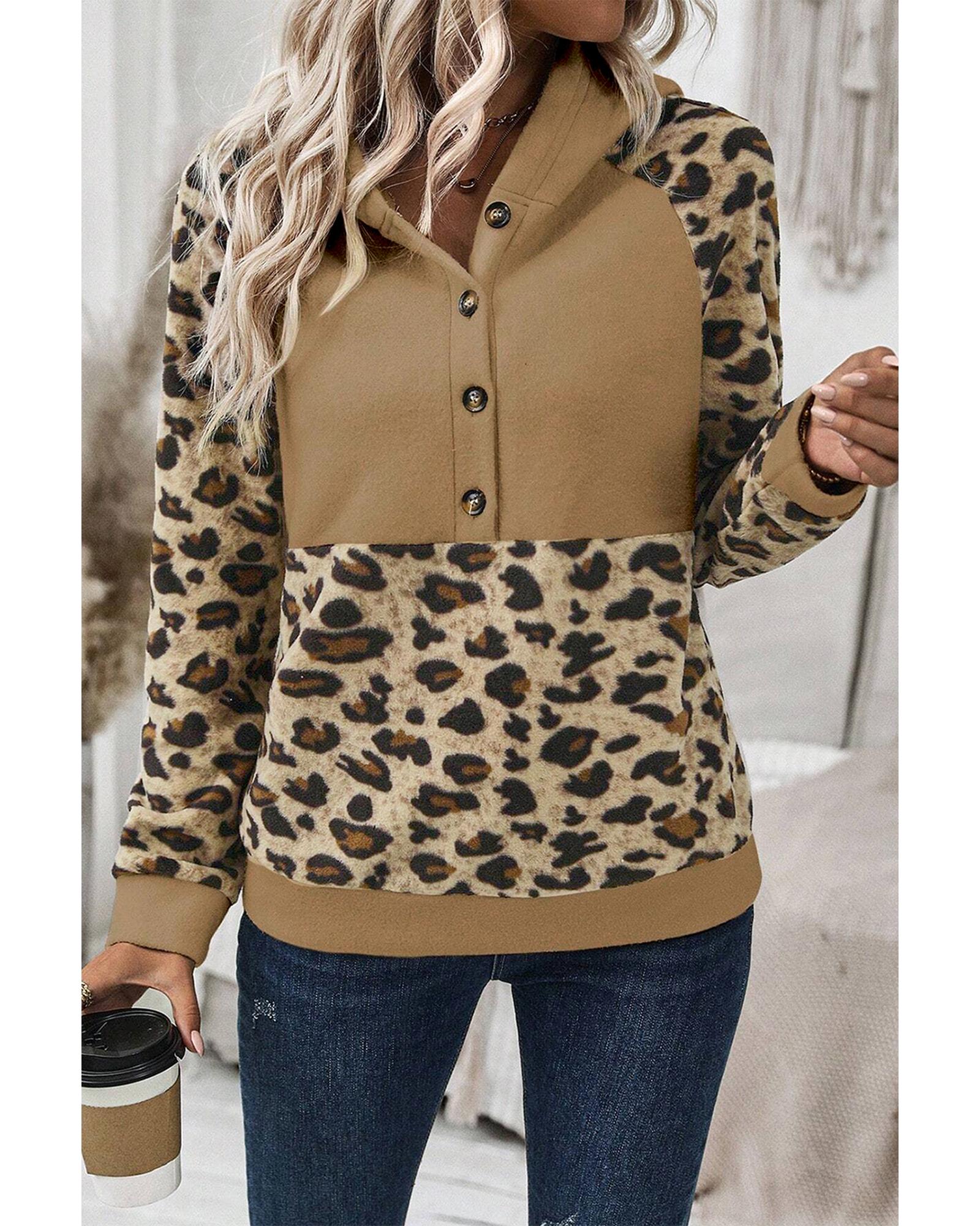 Light French Beige Leopard Print Patchwork Raglan Sleeve Half Buttons Hoodie - Image 2
