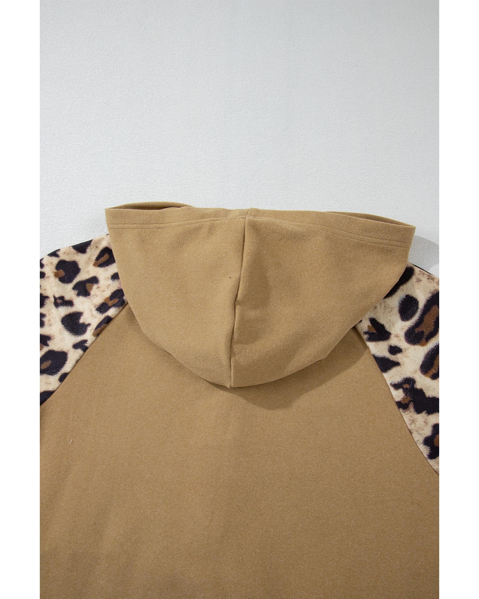 Light French Beige Leopard Print Patchwork Raglan Sleeve Half Buttons Hoodie - Image 3