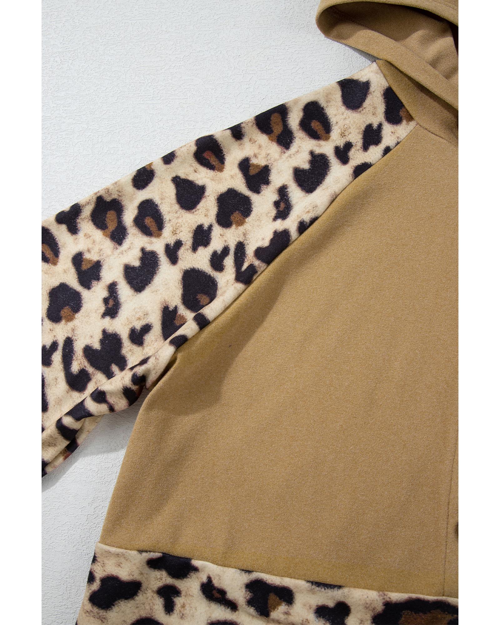 Light French Beige Leopard Print Patchwork Raglan Sleeve Half Buttons Hoodie - Image 4