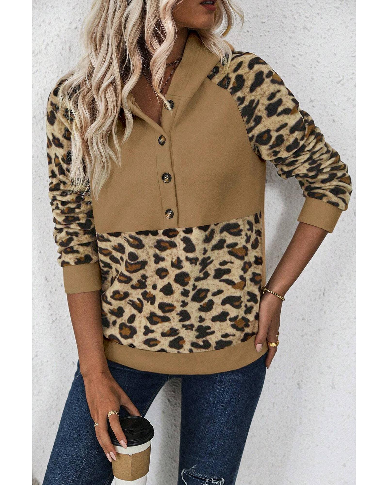 Light French Beige Leopard Print Patchwork Raglan Sleeve Half Buttons Hoodie - Image 5
