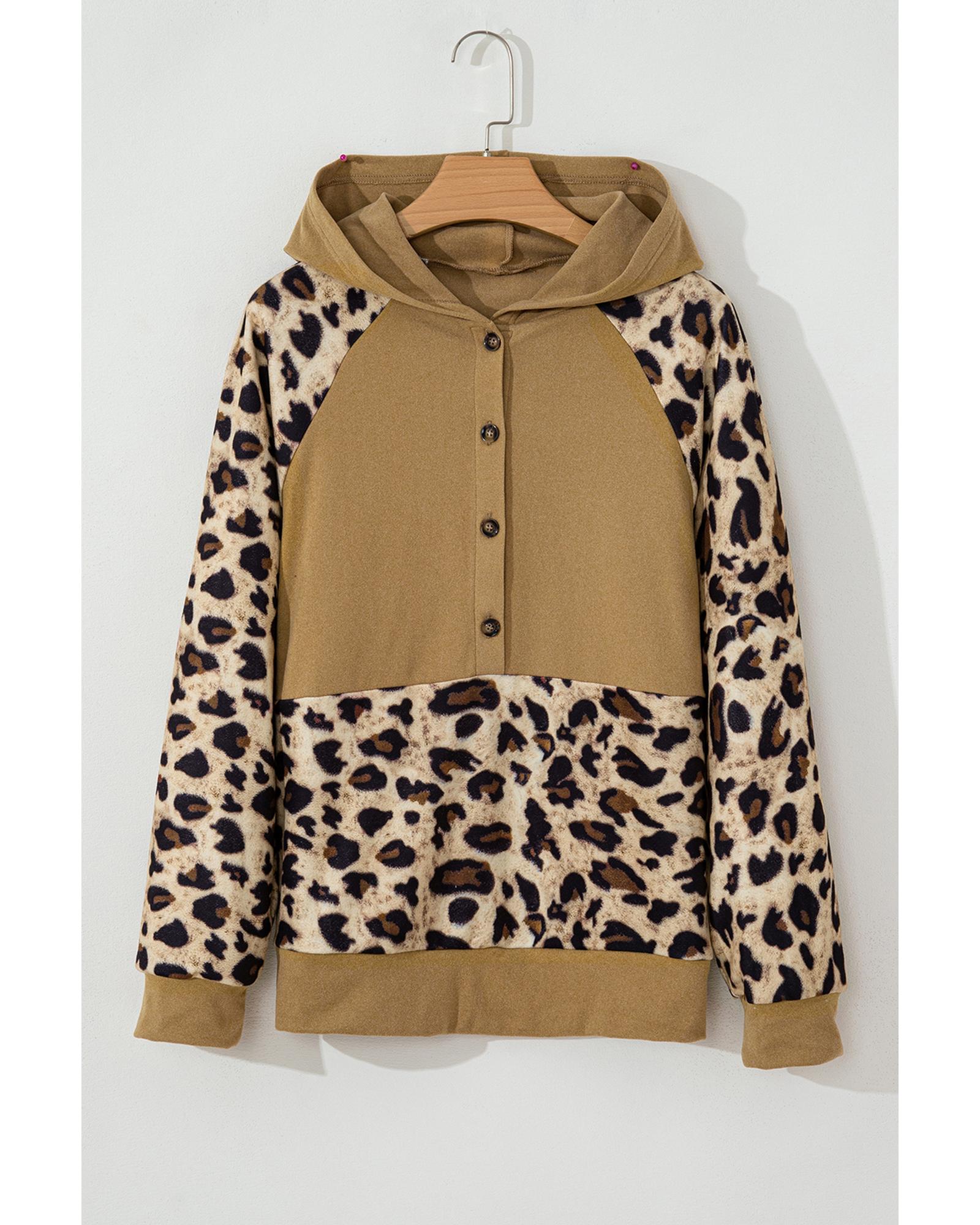 Light French Beige Leopard Print Patchwork Raglan Sleeve Half Buttons Hoodie - Image 6