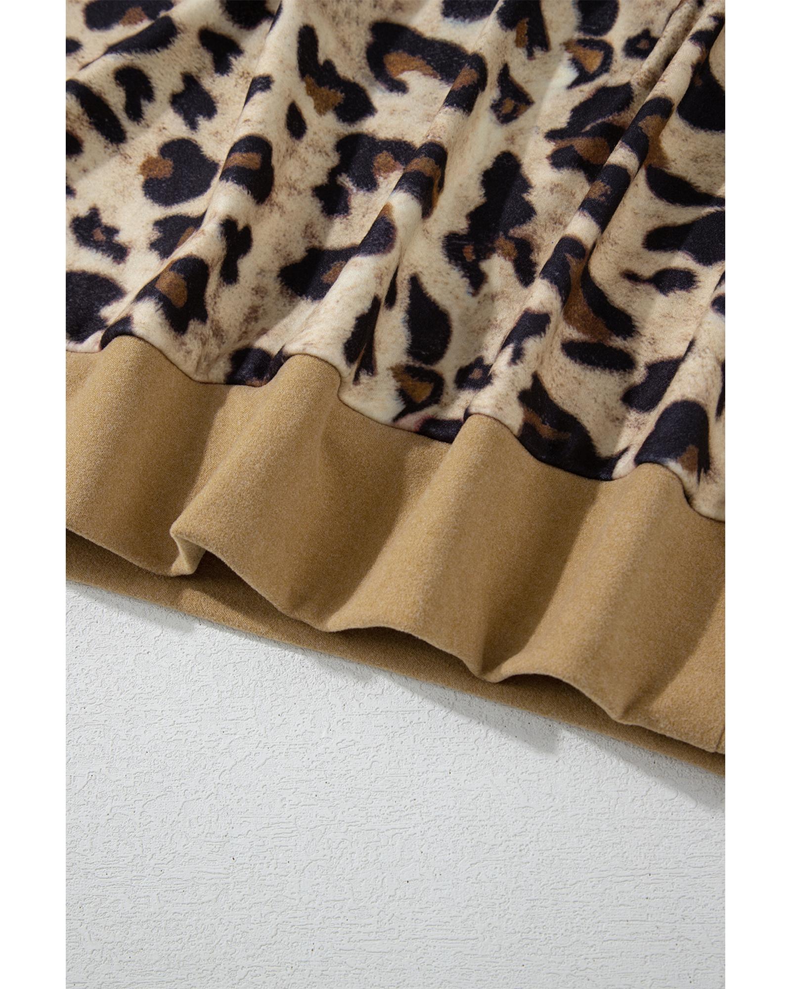 Light French Beige Leopard Print Patchwork Raglan Sleeve Half Buttons Hoodie - Image 7