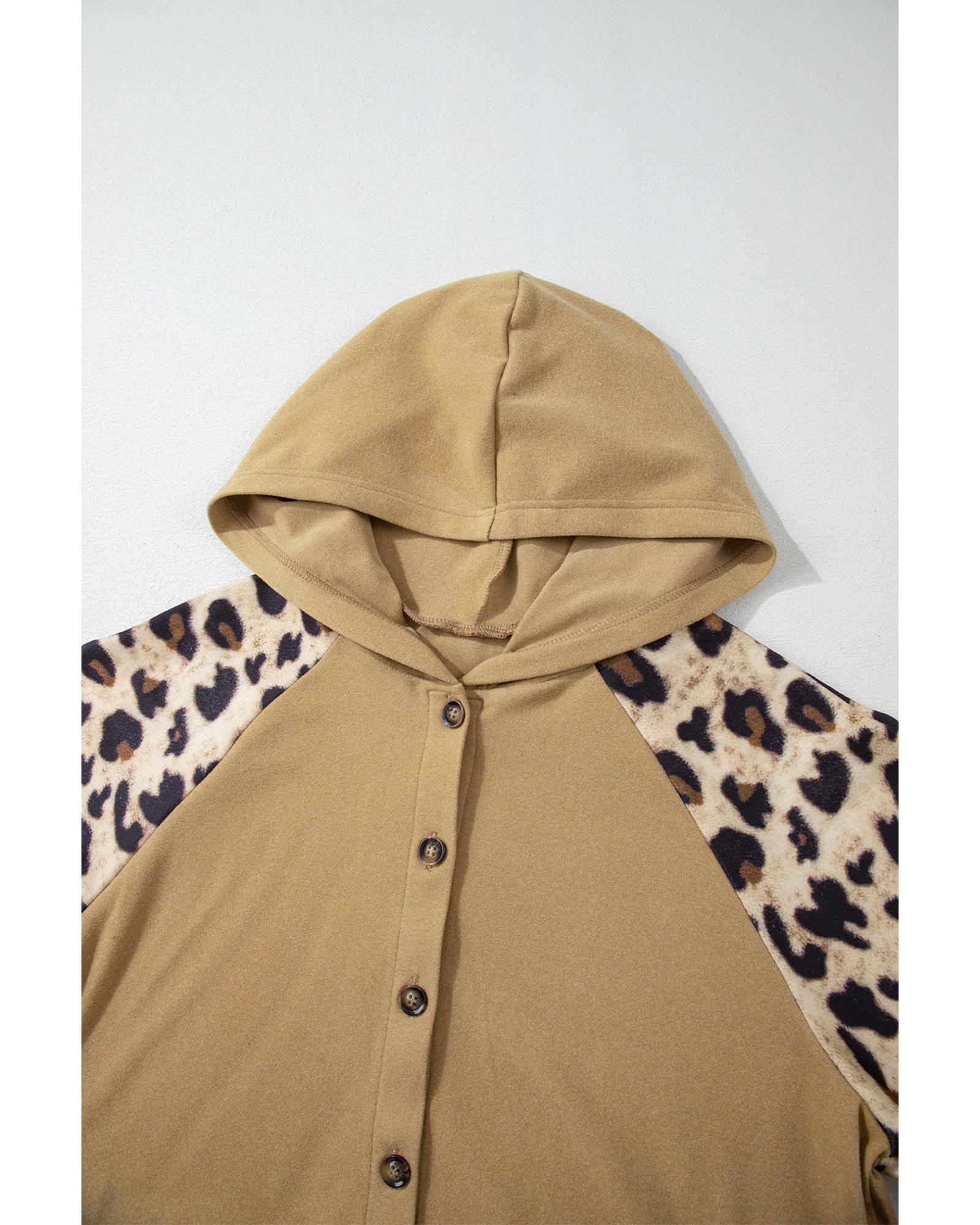 Light French Beige Leopard Print Patchwork Raglan Sleeve Half Buttons Hoodie - Image 8