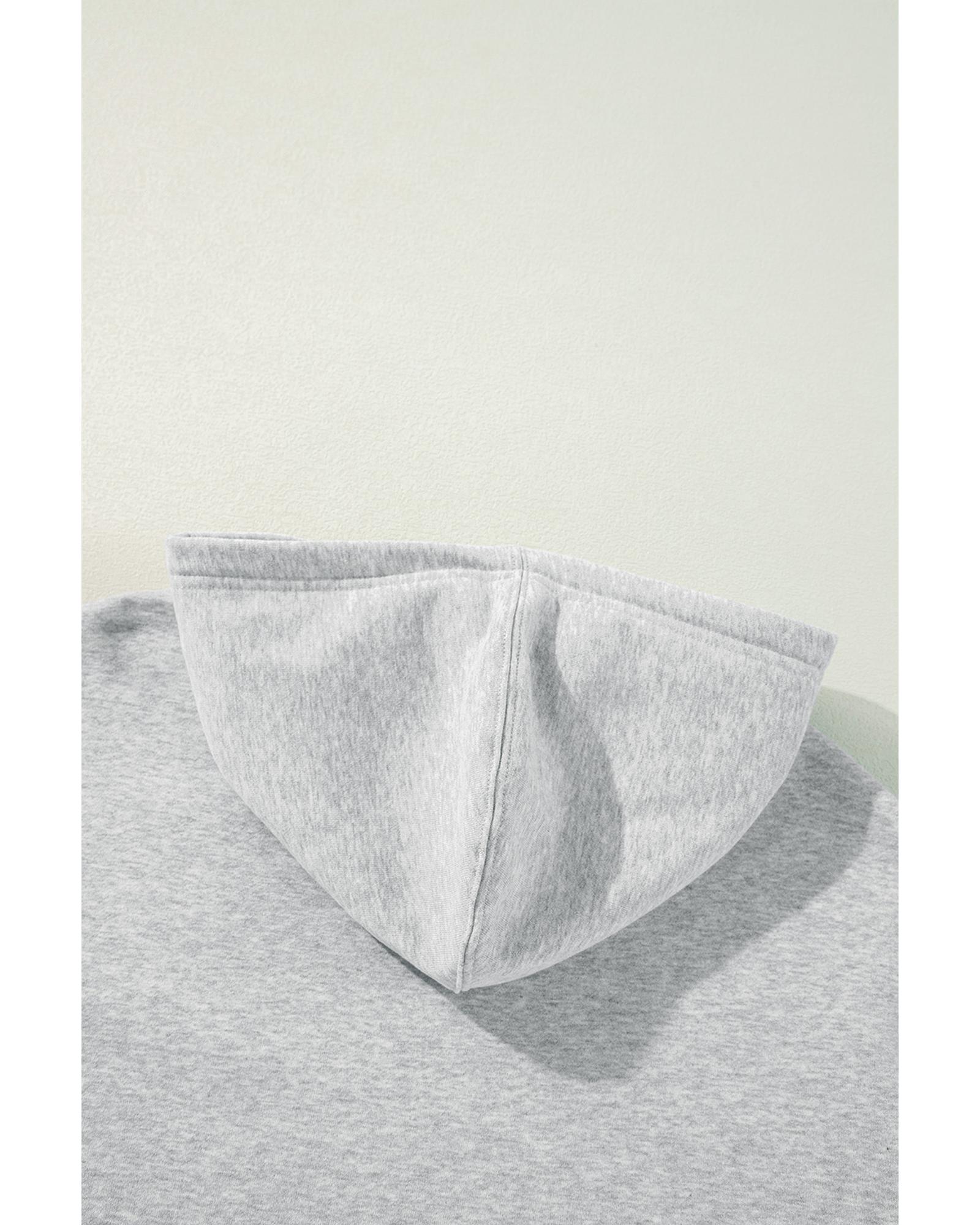 Light Grey Solid Color Fleece Lined Drawstring Hoodie with Pocket - Image 3