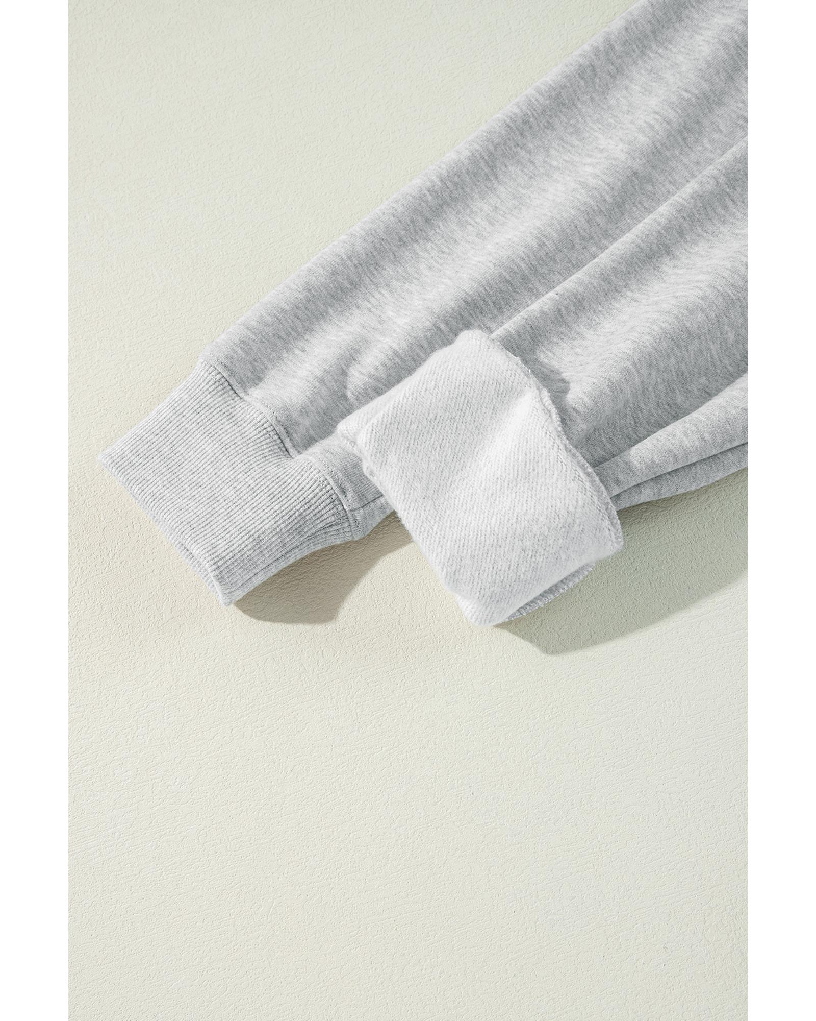 Light Grey Solid Color Fleece Lined Drawstring Hoodie with Pocket - Image 4