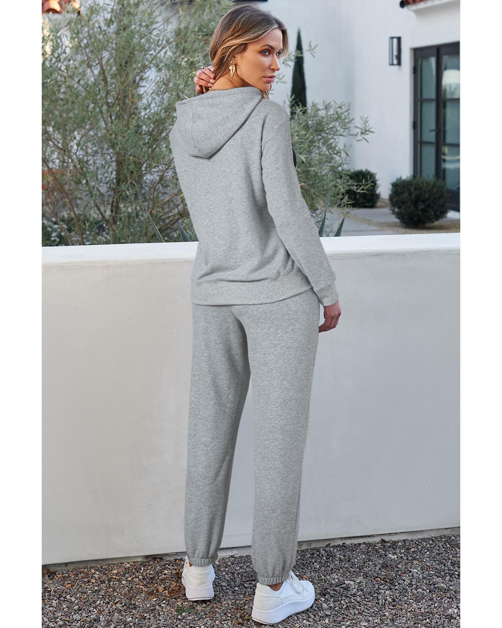 Light Grey Solid Color Fleece Lined Drawstring Hoodie with Pocket - Image 5