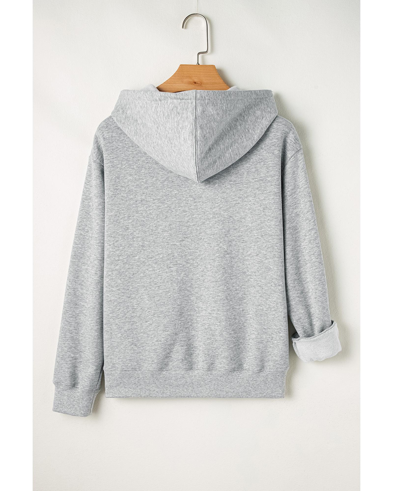 Light Grey Solid Color Fleece Lined Drawstring Hoodie with Pocket - Image 8
