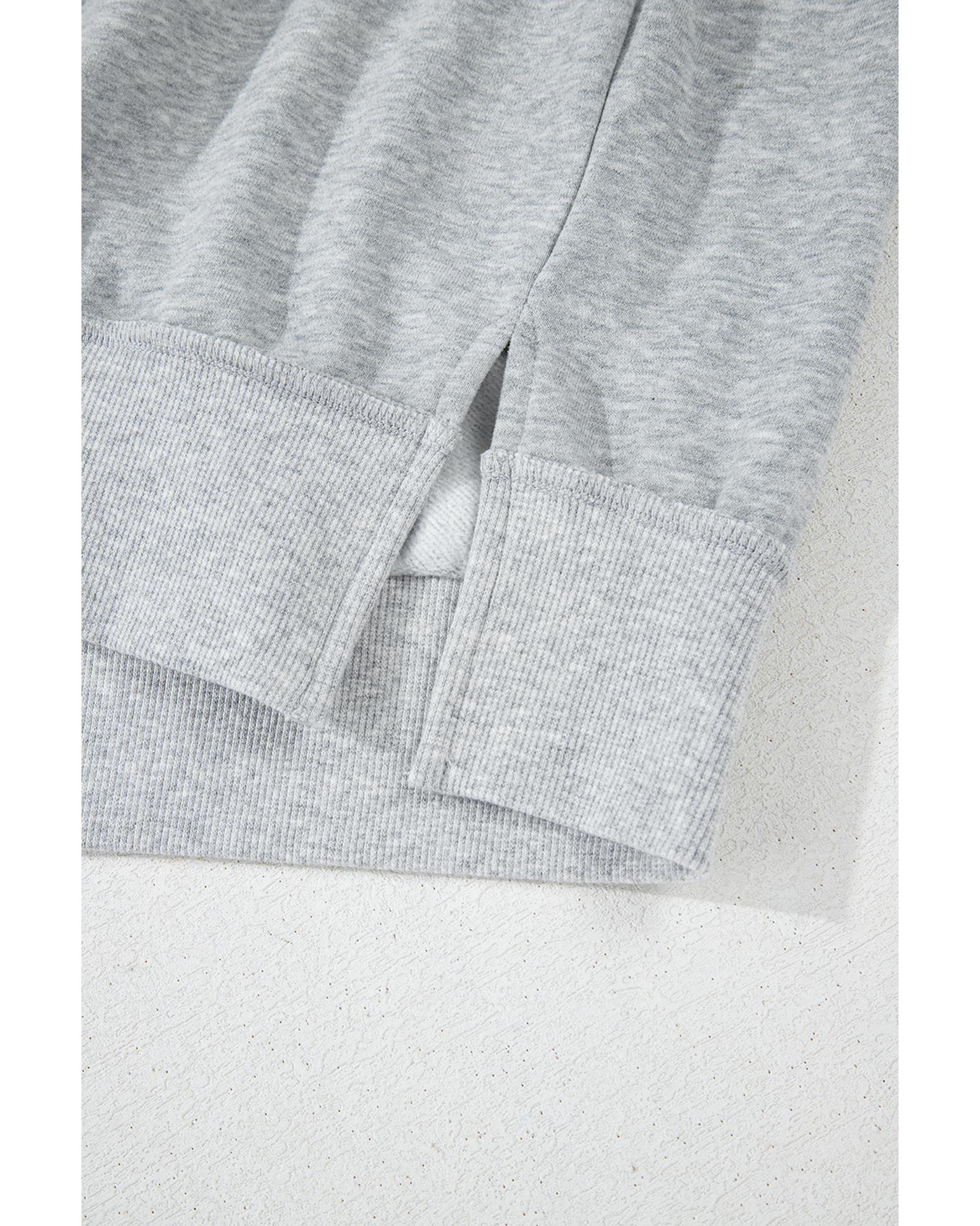 Gray Half Zipper Collared Drop Shoulder Side Slits Sweatshirt