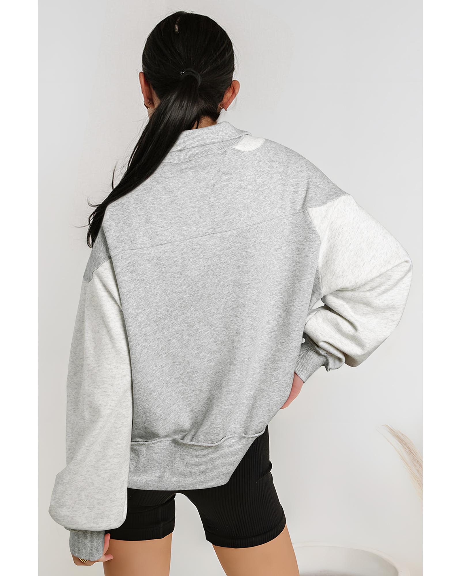 Gray Half Zipper Collared Drop Shoulder Side Slits Sweatshirt - Image 2