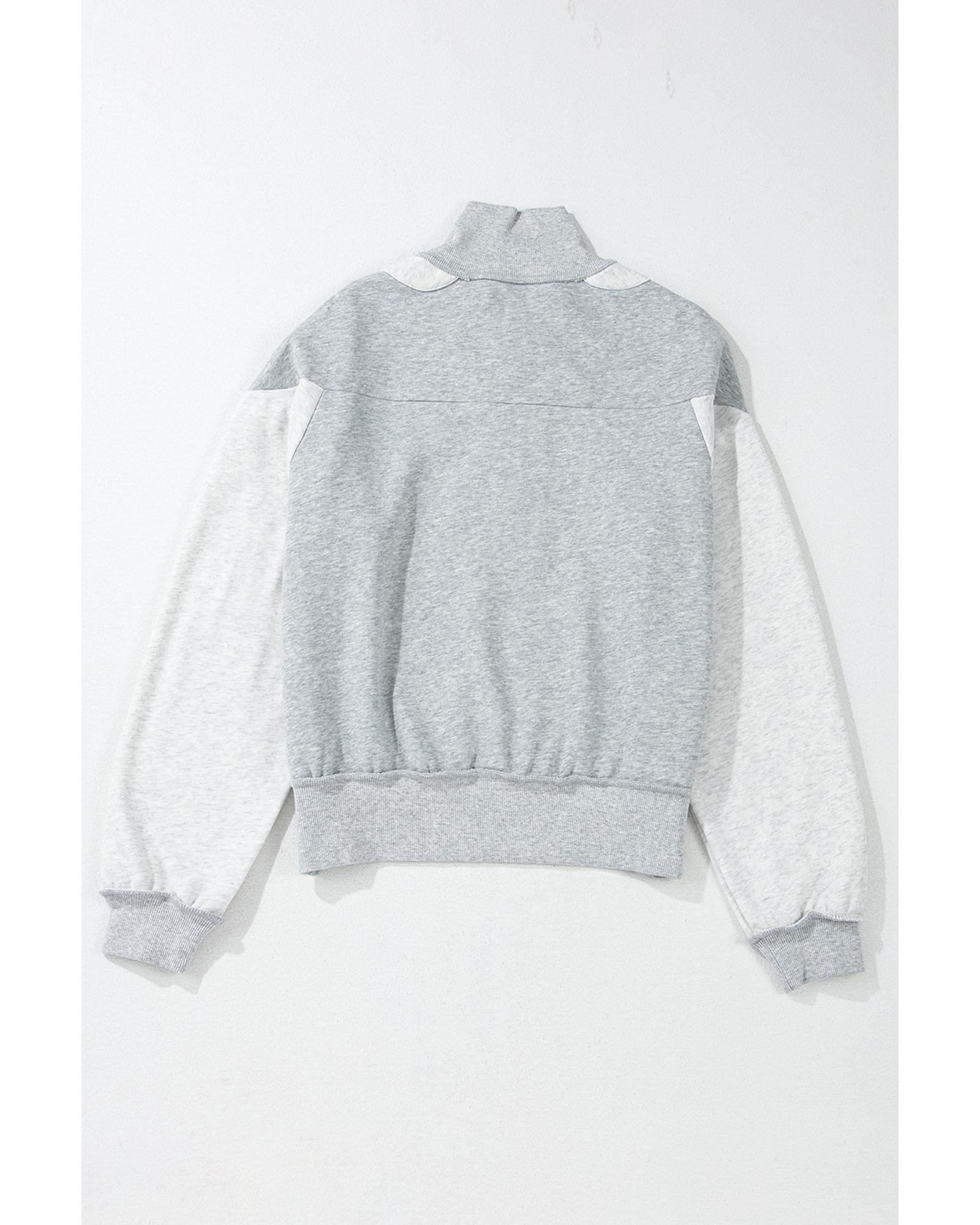 Gray Half Zipper Collared Drop Shoulder Side Slits Sweatshirt - Image 3