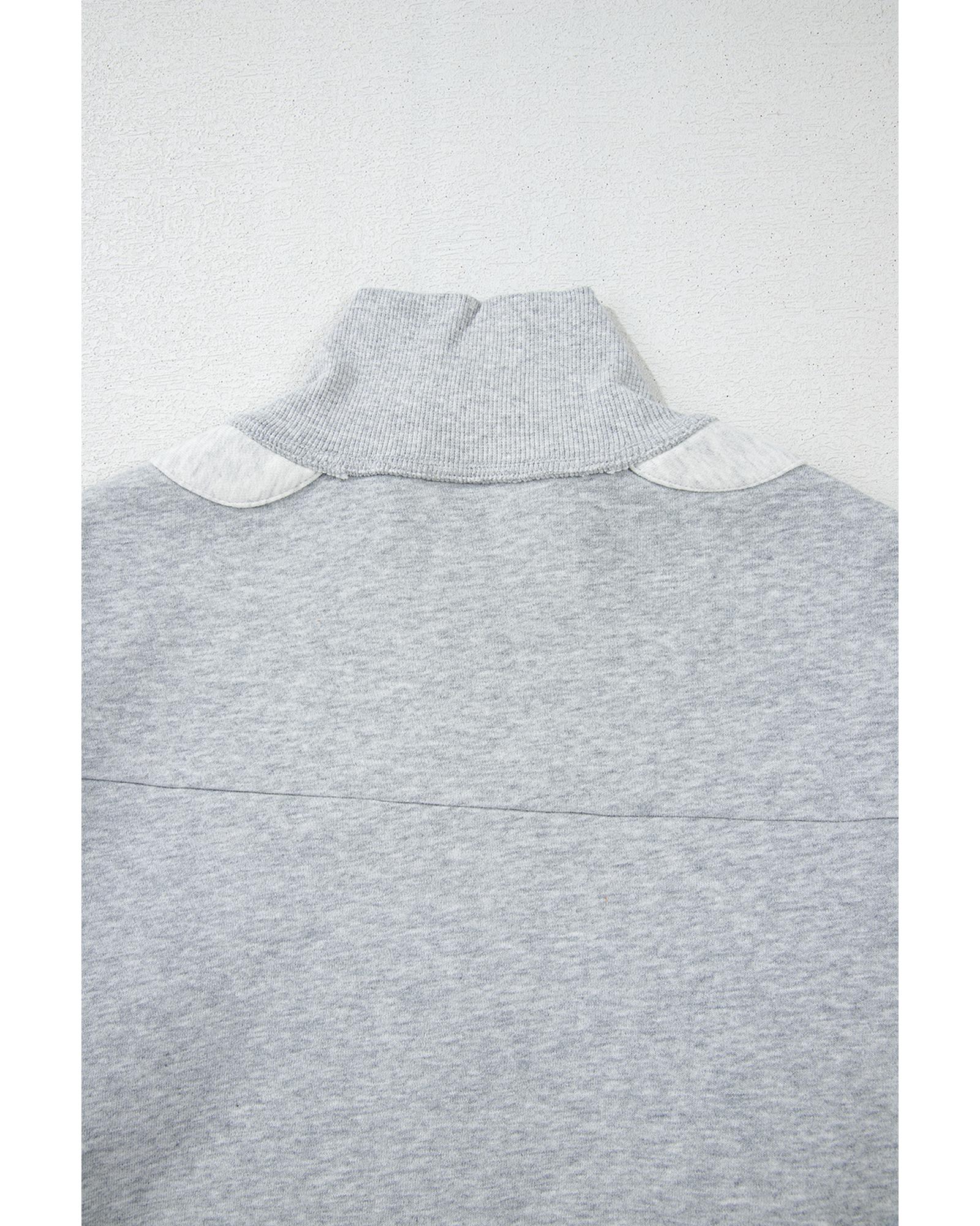 Gray Half Zipper Collared Drop Shoulder Side Slits Sweatshirt - Image 4