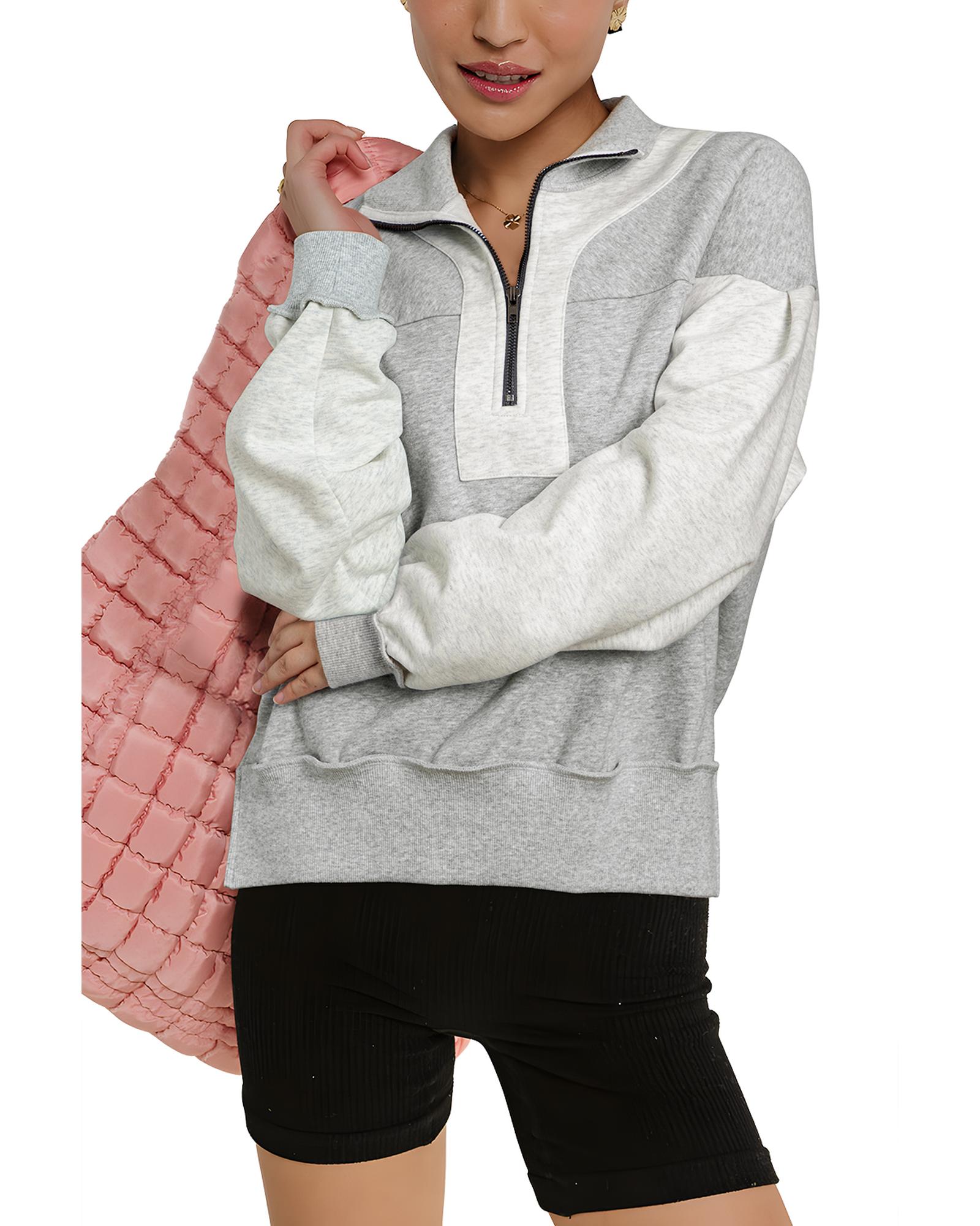 Gray Half Zipper Collared Drop Shoulder Side Slits Sweatshirt - Image 6