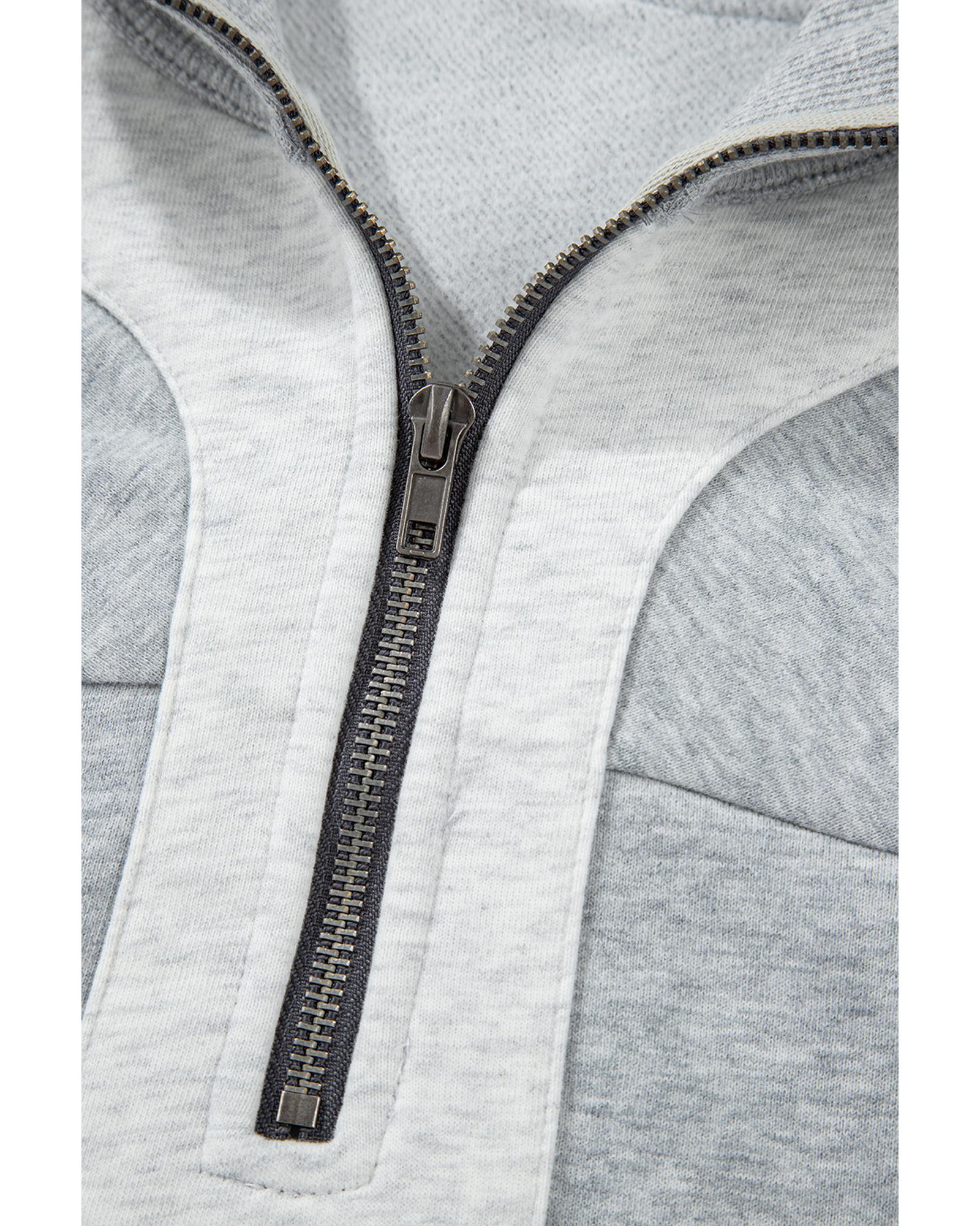 Gray Half Zipper Collared Drop Shoulder Side Slits Sweatshirt - Image 8