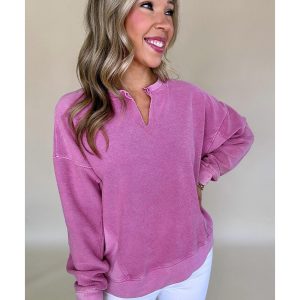Bright Pink Solid Color Notched Neck Drop Shoulder Sweatshirt
