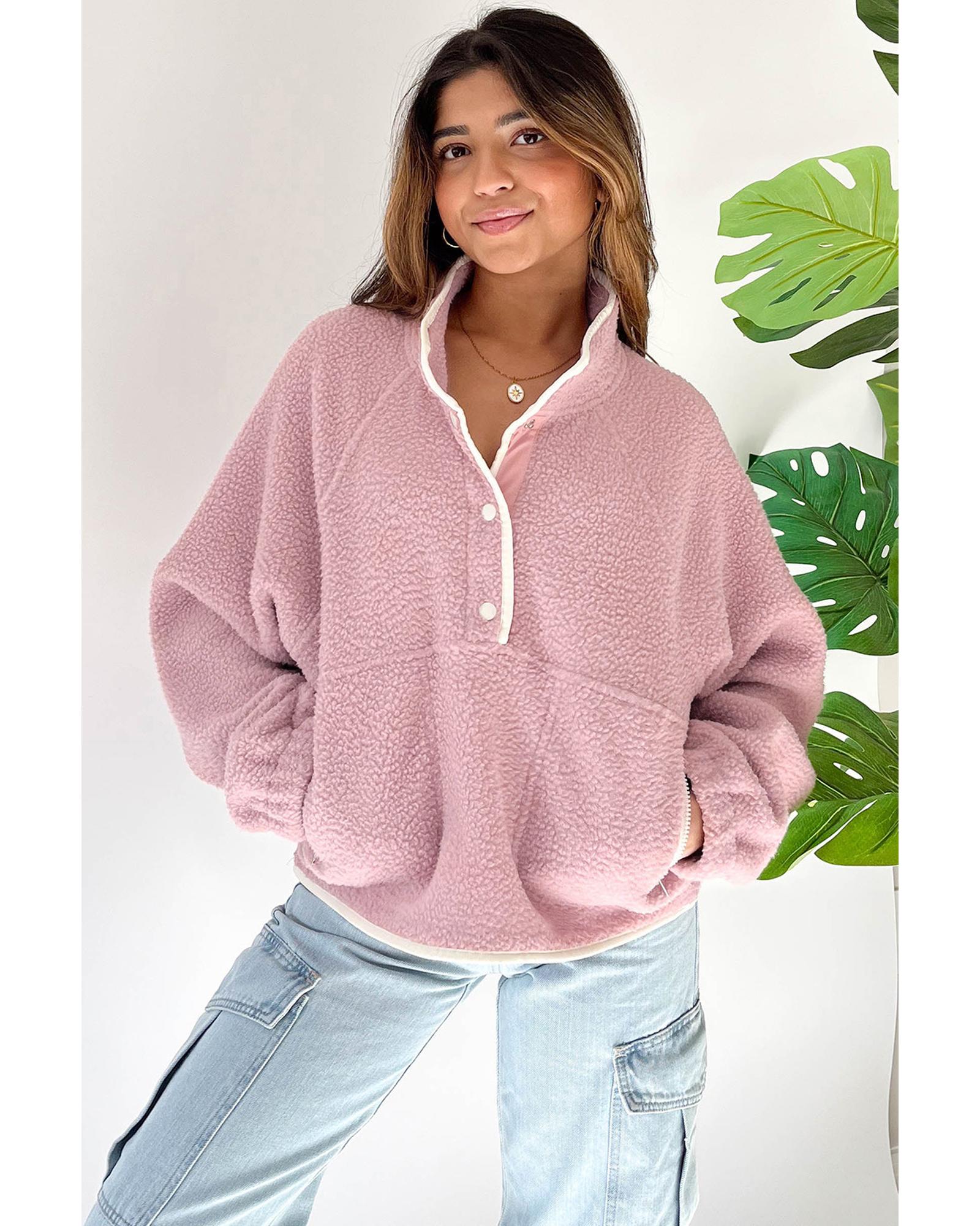 Fushia Stand Neck Half Button Zip Pocket Plush Sweatshirt - Image 2