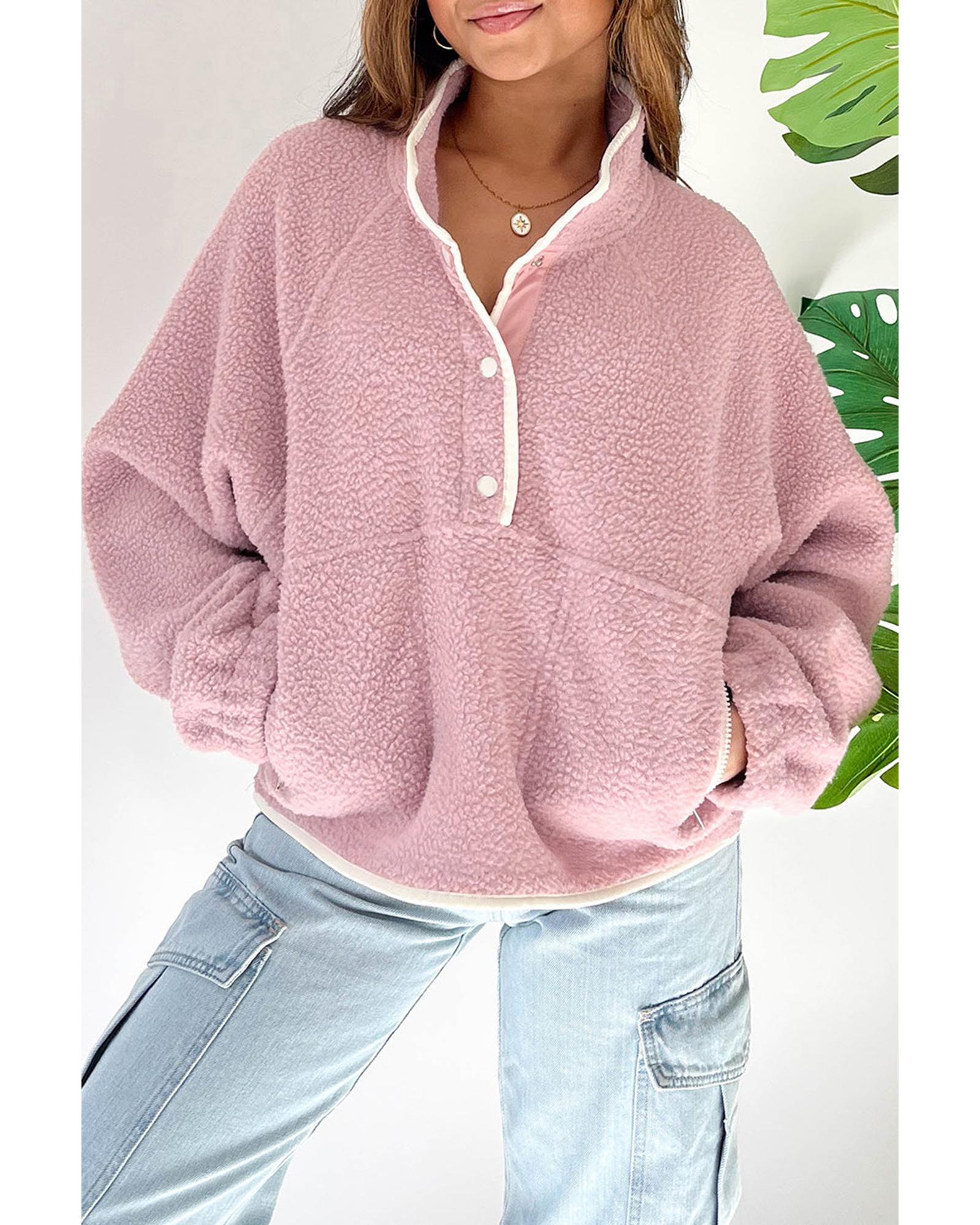 Fushia Stand Neck Half Button Zip Pocket Plush Sweatshirt - Image 3