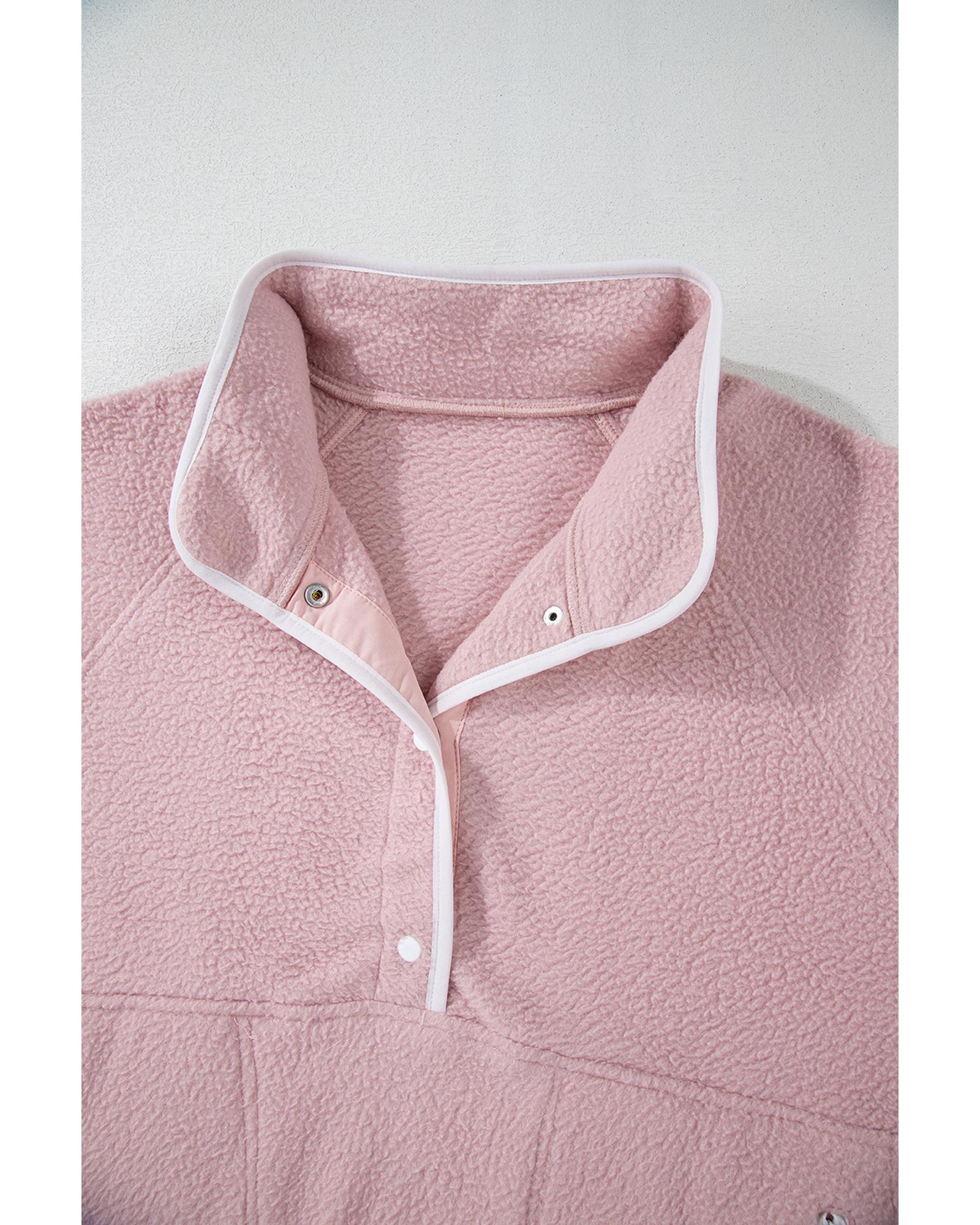 Fushia Stand Neck Half Button Zip Pocket Plush Sweatshirt - Image 4