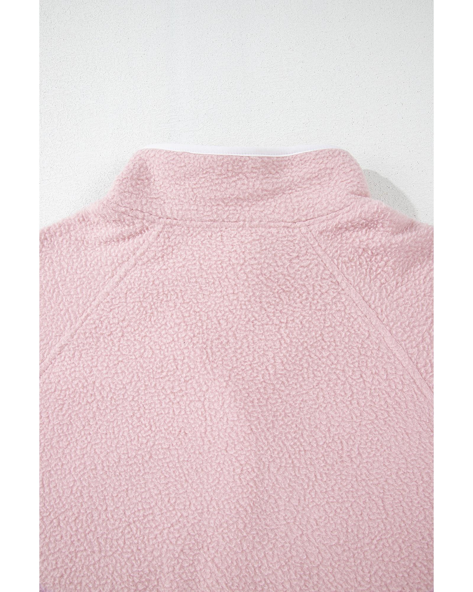 Fushia Stand Neck Half Button Zip Pocket Plush Sweatshirt - Image 6