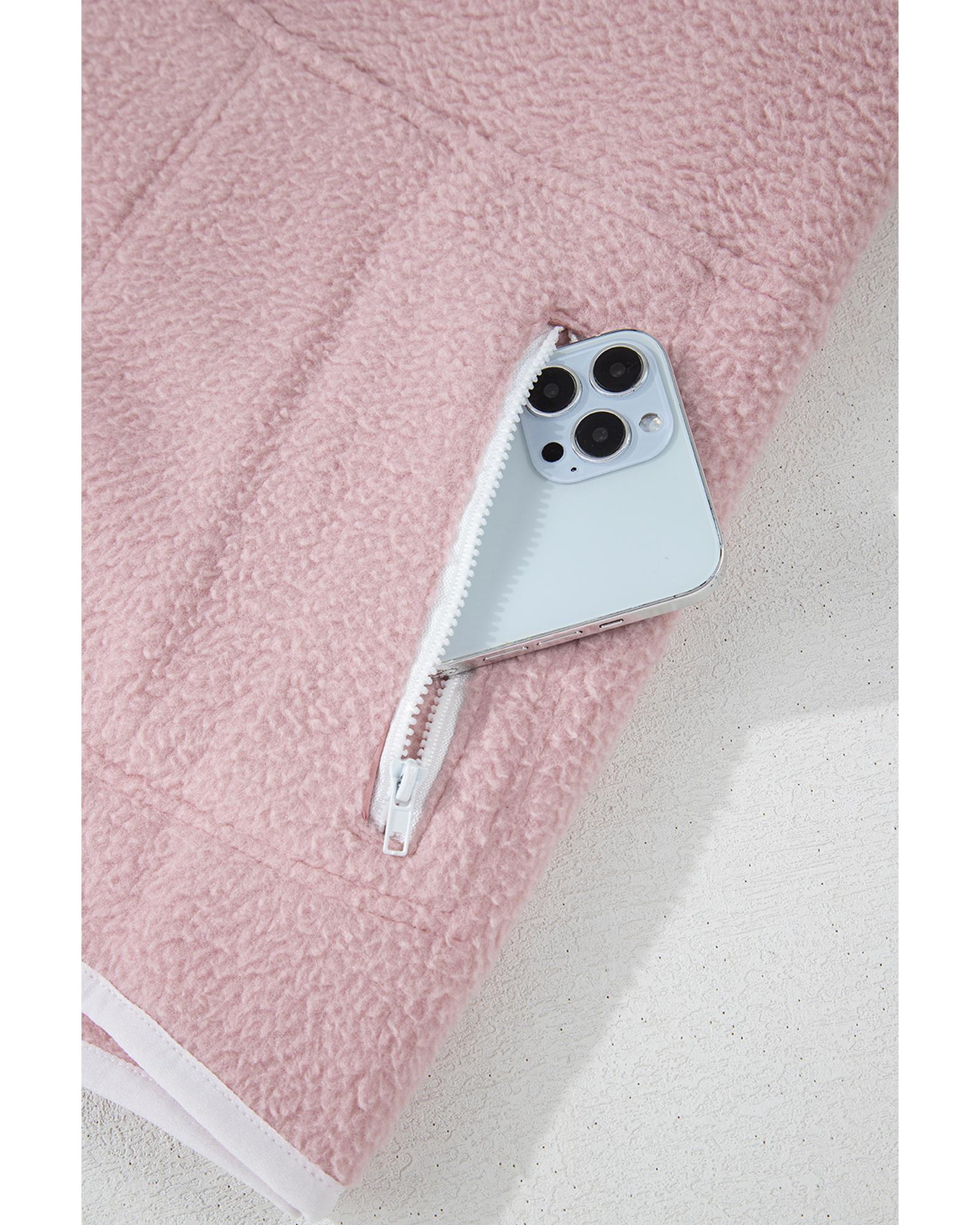 Fushia Stand Neck Half Button Zip Pocket Plush Sweatshirt - Image 8