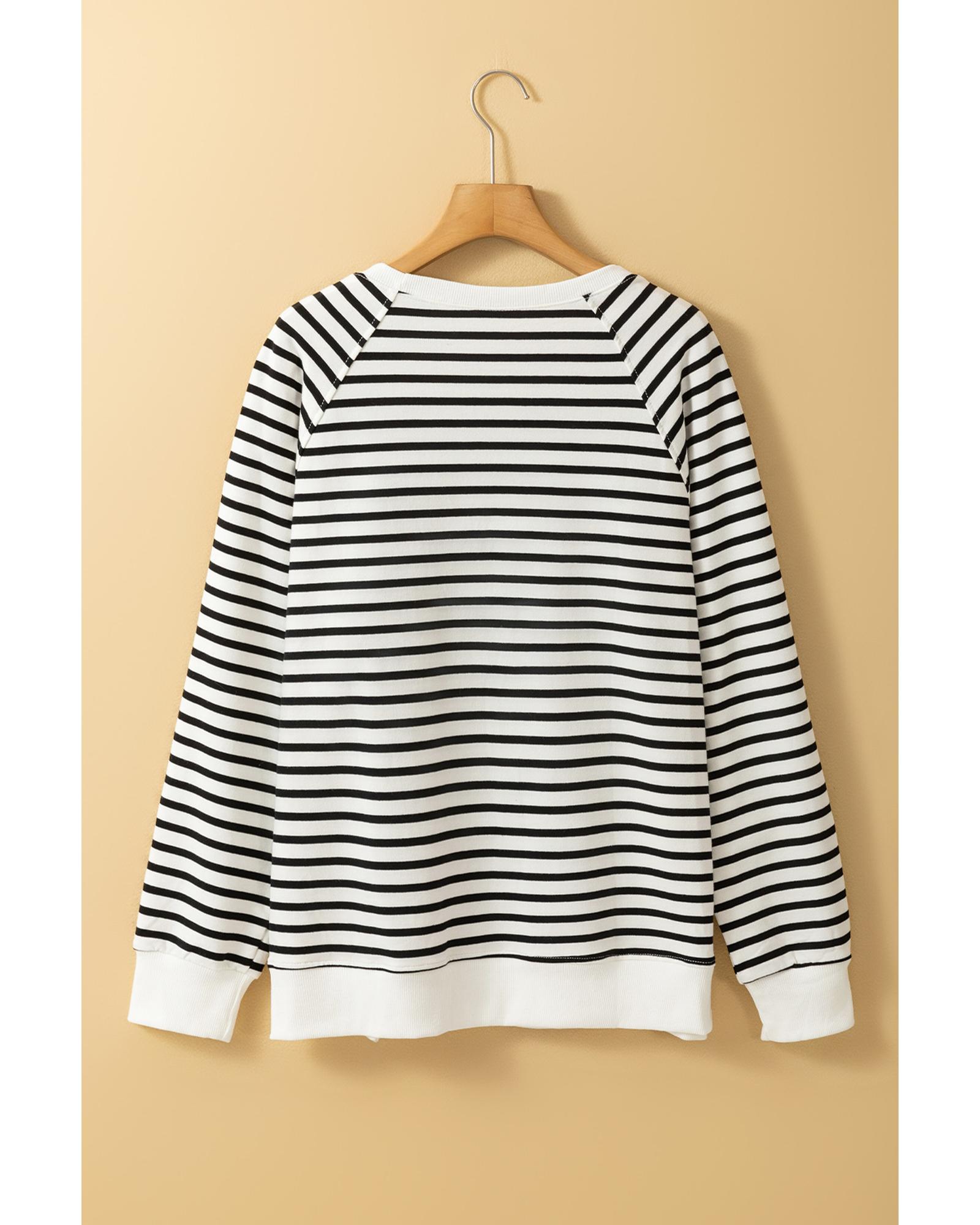 Black Stripe Raglan Sleeve Side Slits Loose Sweatshirt - Image 2