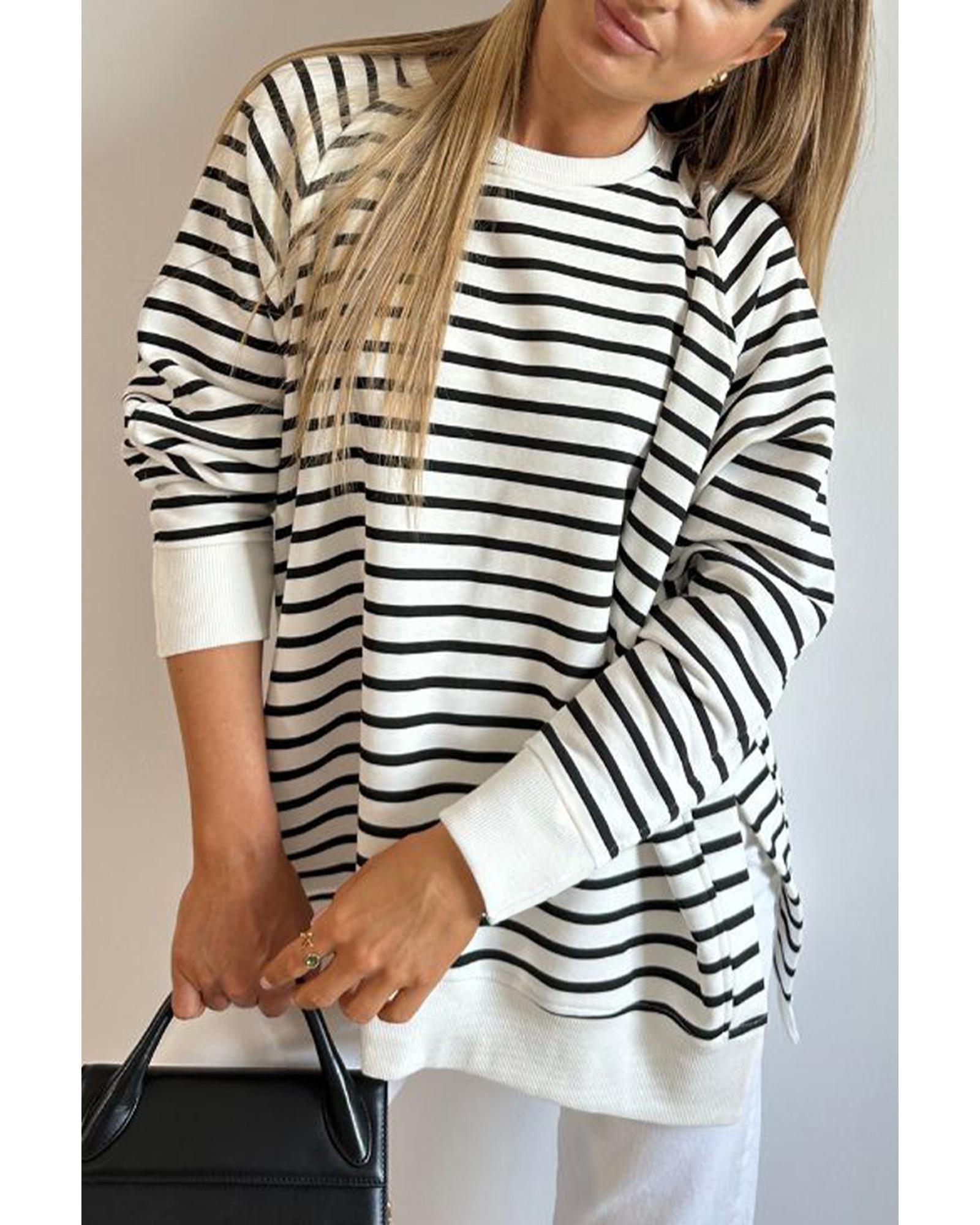 Black Stripe Raglan Sleeve Side Slits Loose Sweatshirt - Image 5