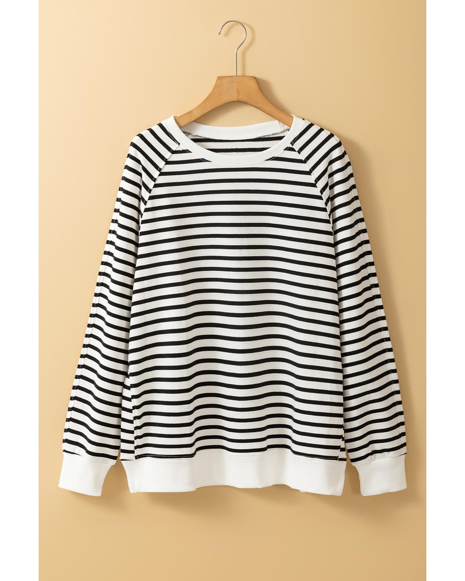 Black Stripe Raglan Sleeve Side Slits Loose Sweatshirt - Image 7
