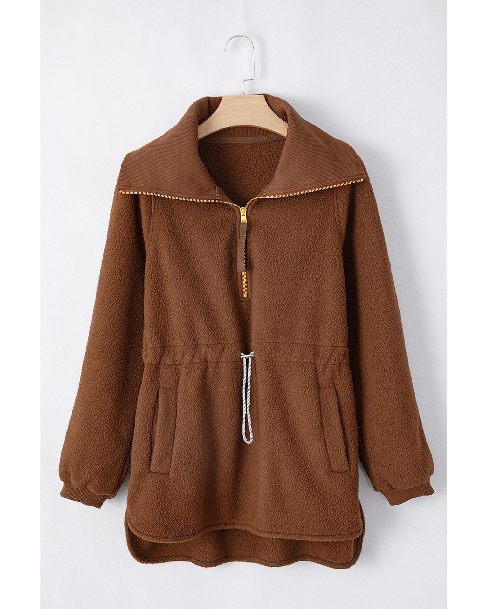 Brown Half Zip Fleece Pullover Sweatshirt - Image 2