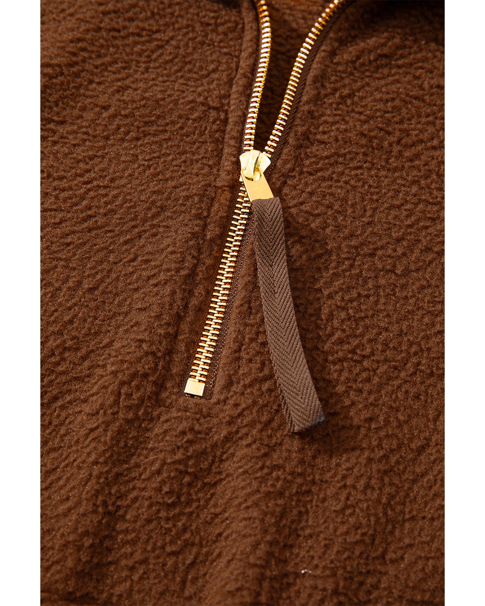 Brown Half Zip Fleece Pullover Sweatshirt - Image 6