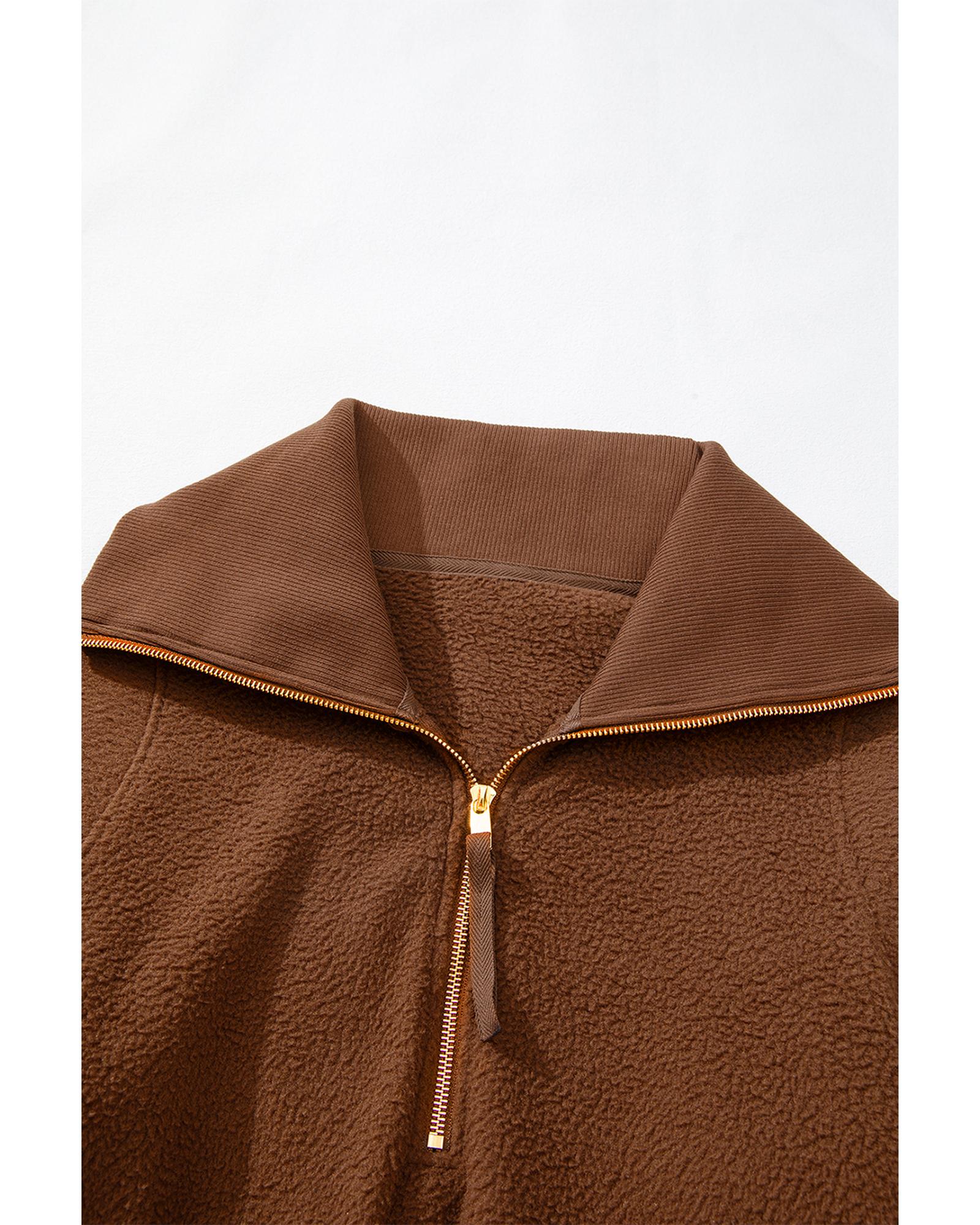 Brown Half Zip Fleece Pullover Sweatshirt - Image 8