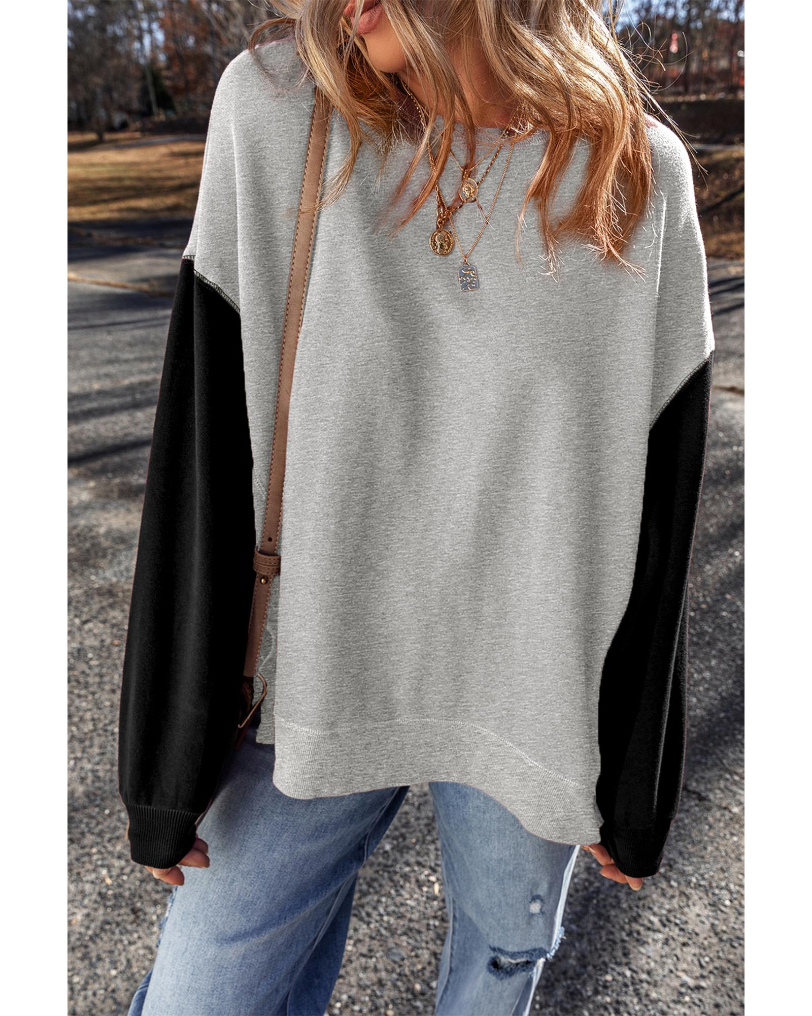 Gray Two Tone Patchwork Drop Shoulder Pullover Sweatshirt - Image 5