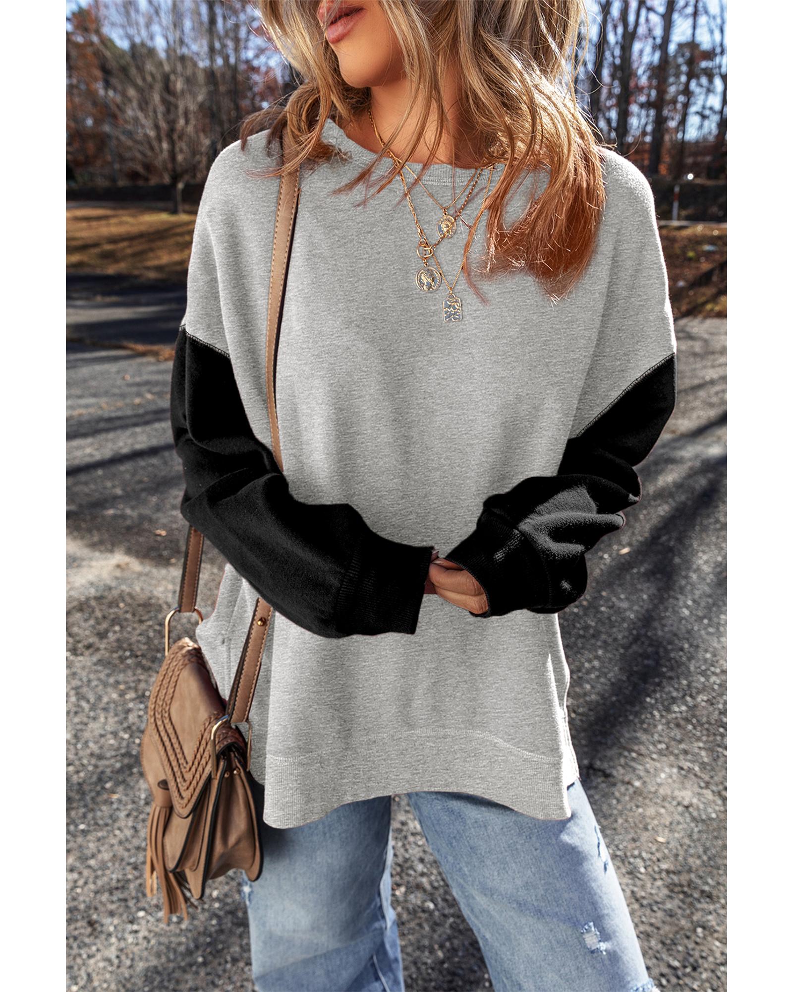 Gray Two Tone Patchwork Drop Shoulder Pullover Sweatshirt - Image 7