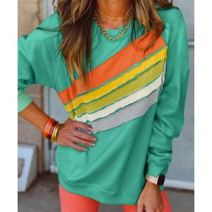Mint Green Rainbow Colorblock Striped Pullover Sweatshirt