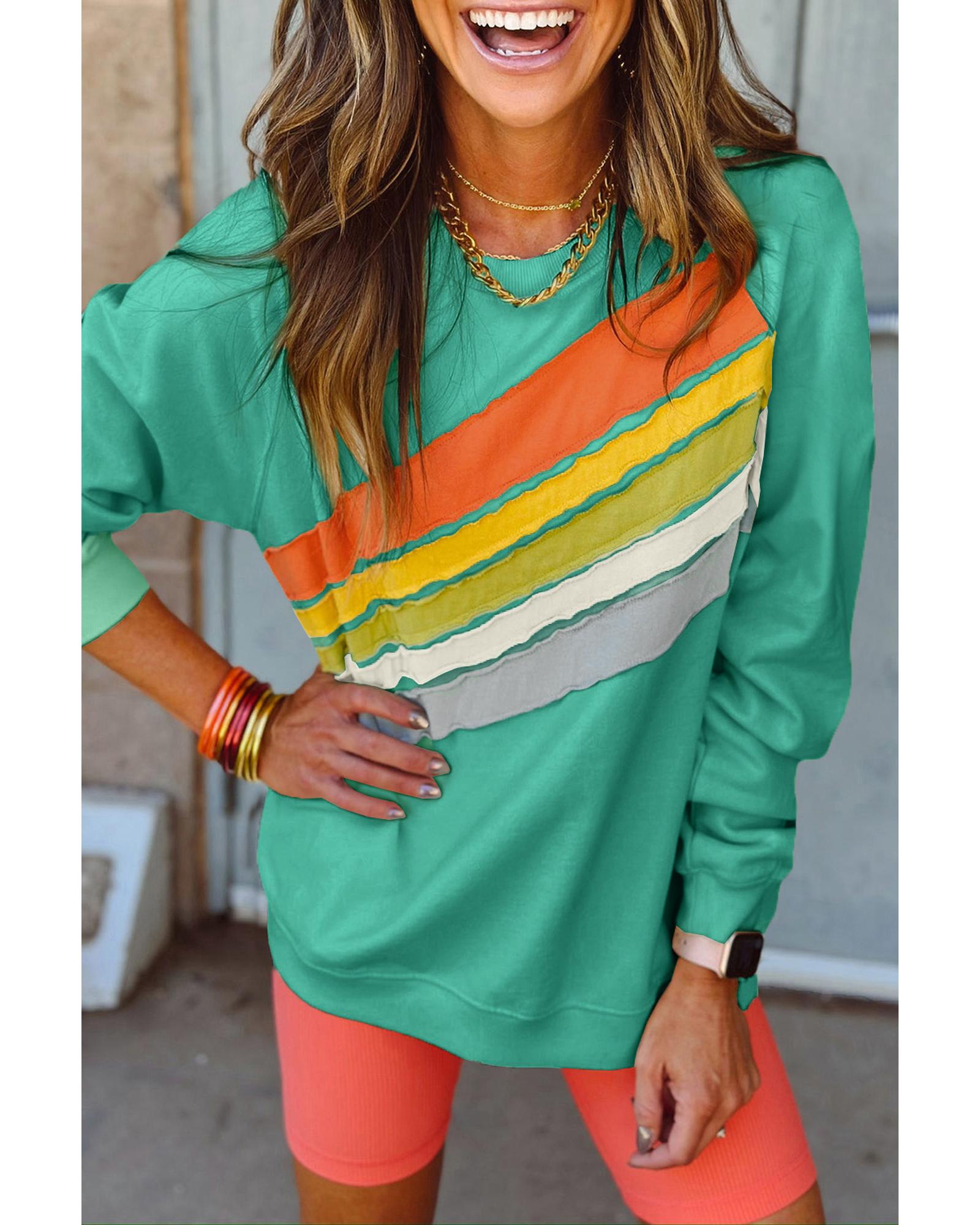 Mint Green Rainbow Colorblock Striped Pullover Sweatshirt