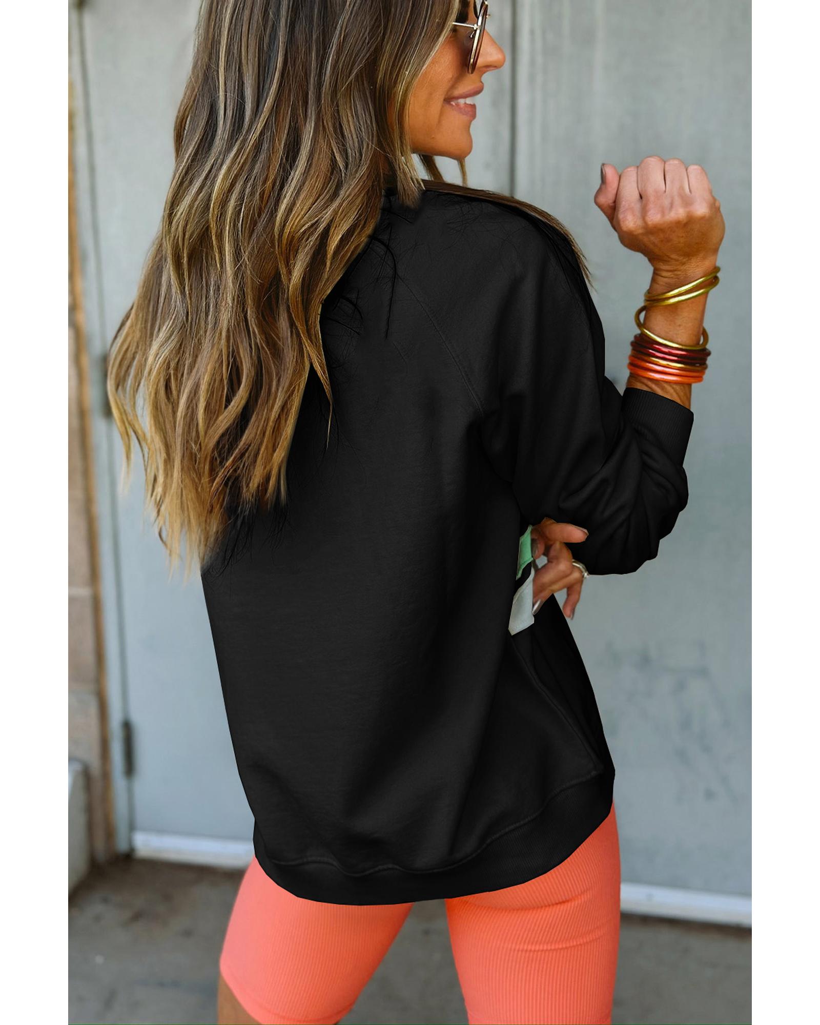 Black Rainbow Colorblock Striped Pullover Sweatshirt