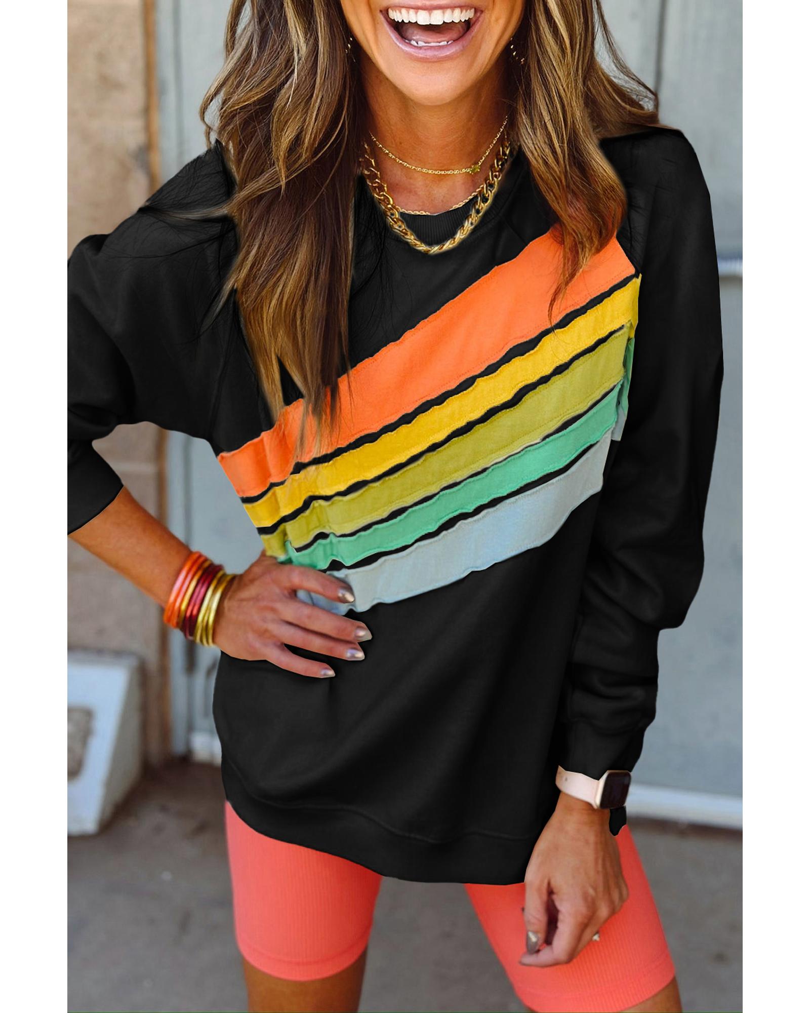 Black Rainbow Colorblock Striped Pullover Sweatshirt - Image 3