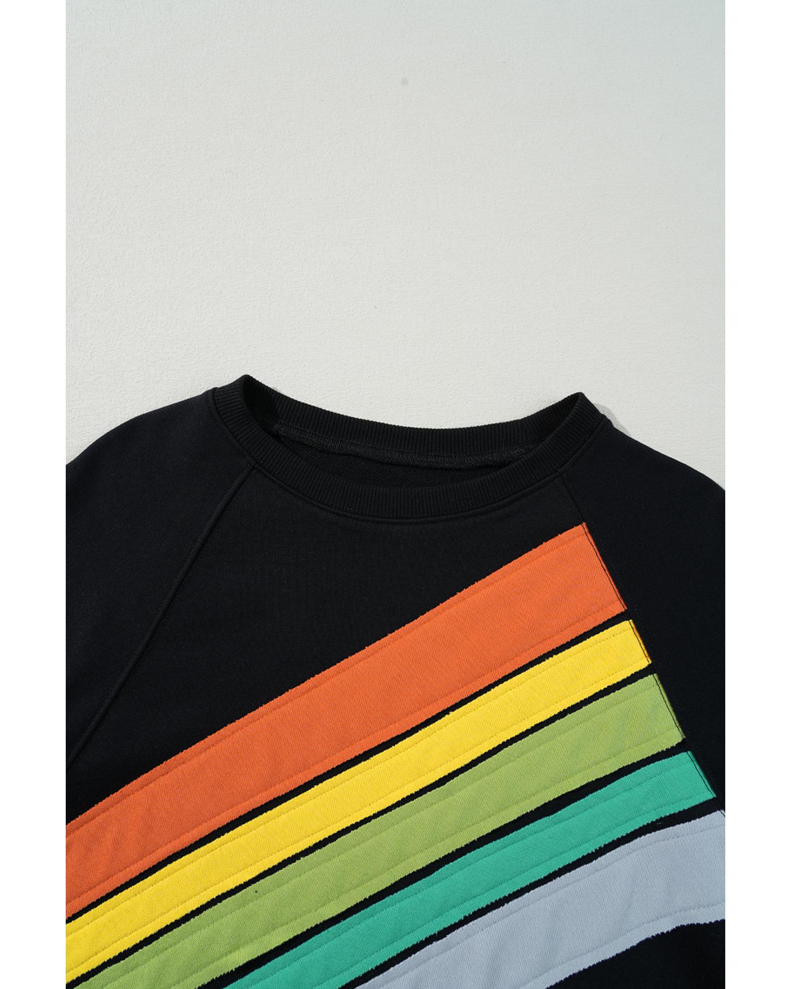 Black Rainbow Colorblock Striped Pullover Sweatshirt - Image 8