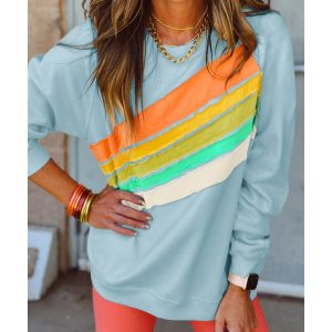Beau Blue Rainbow Colorblock Striped Pullover Sweatshirt