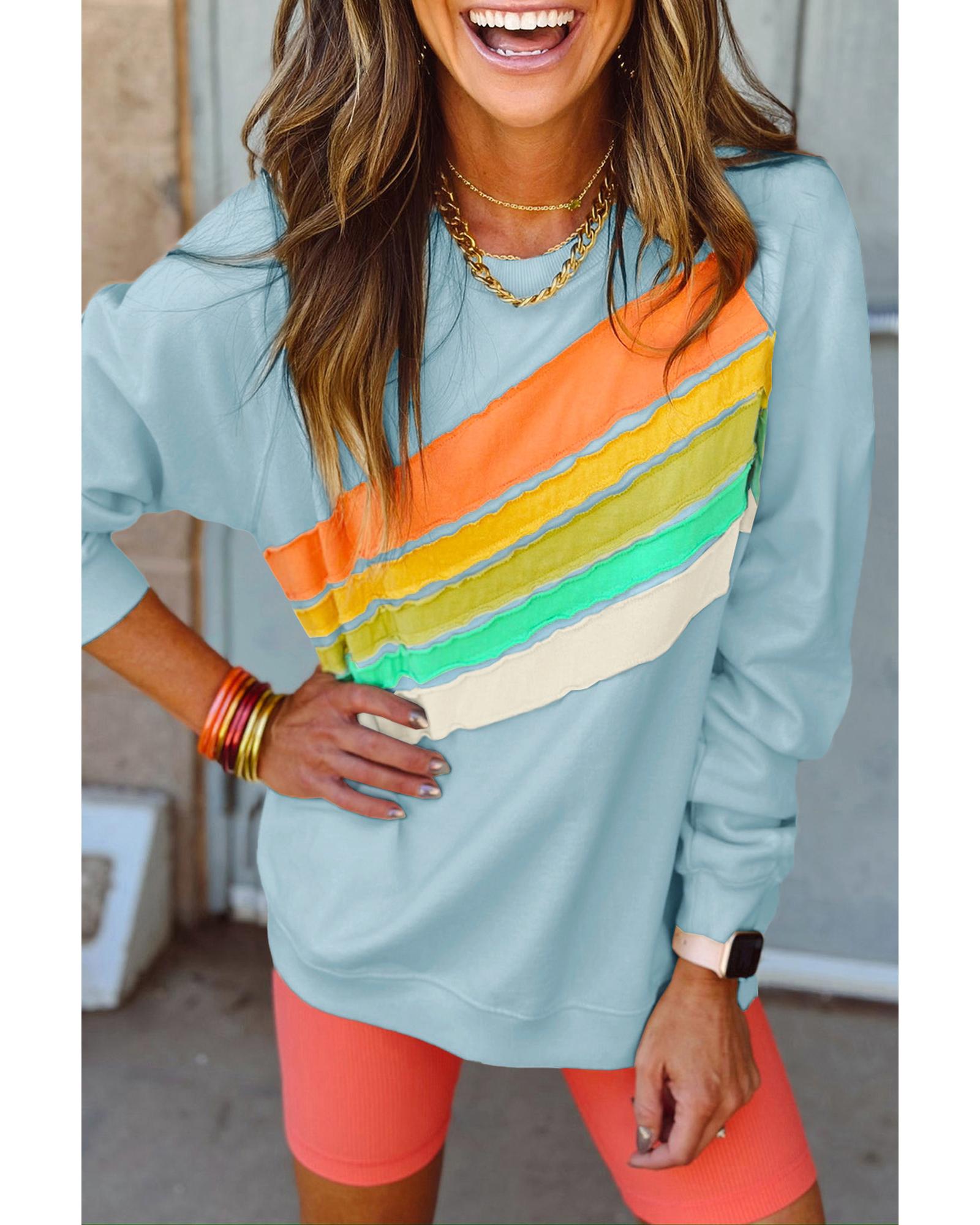 Beau Blue Rainbow Colorblock Striped Pullover Sweatshirt