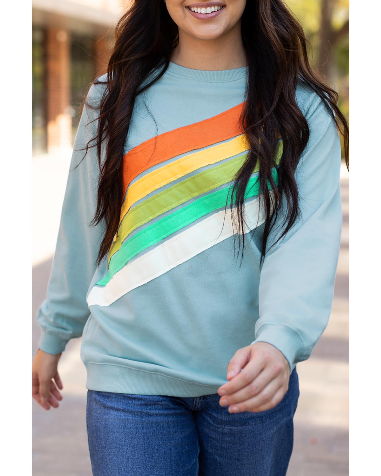 Beau Blue Rainbow Colorblock Striped Pullover Sweatshirt - Image 6
