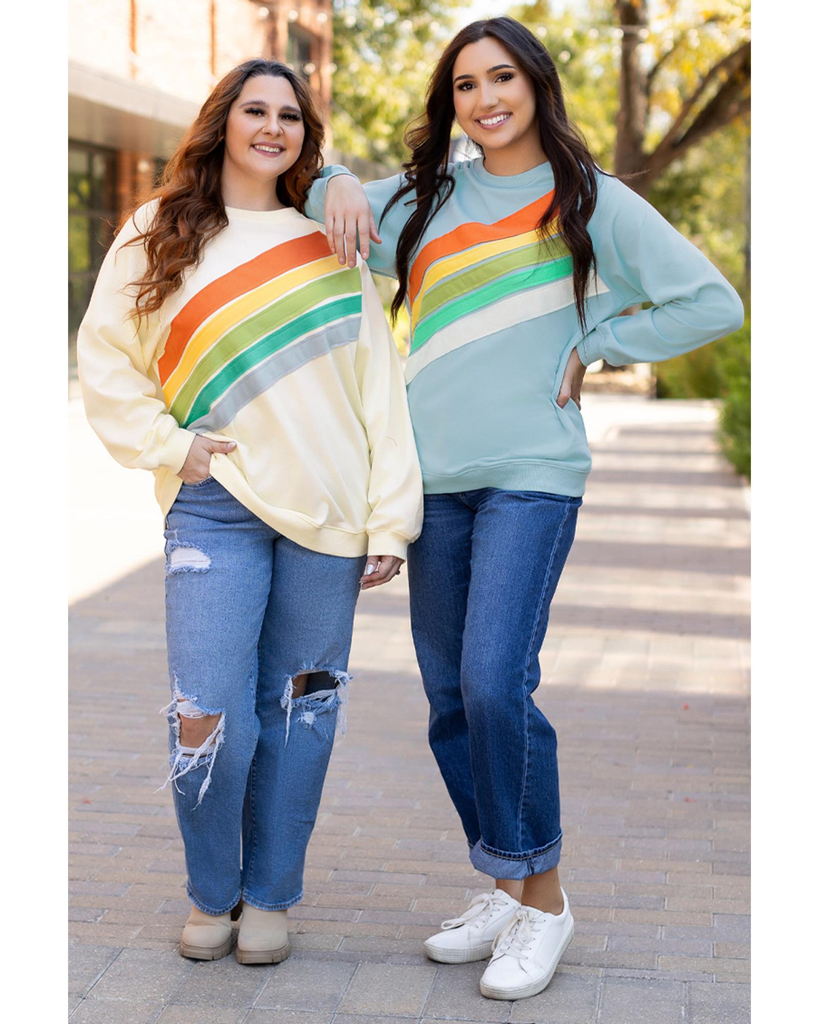 Beau Blue Rainbow Colorblock Striped Pullover Sweatshirt - Image 7