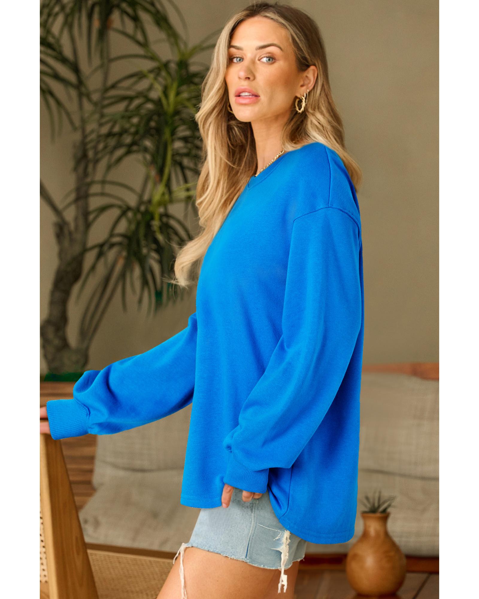 Sky Blue Solid Color Drop Shoulder Long Sleeve Basic Sweatshirt - Image 2