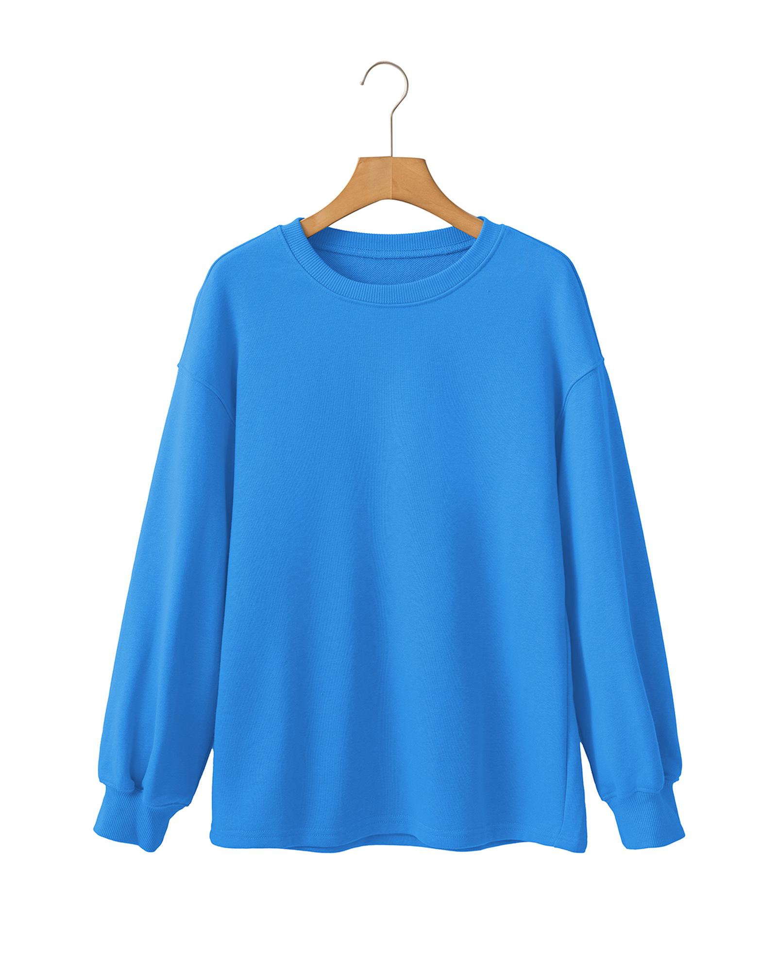 Sky Blue Solid Color Drop Shoulder Long Sleeve Basic Sweatshirt - Image 4