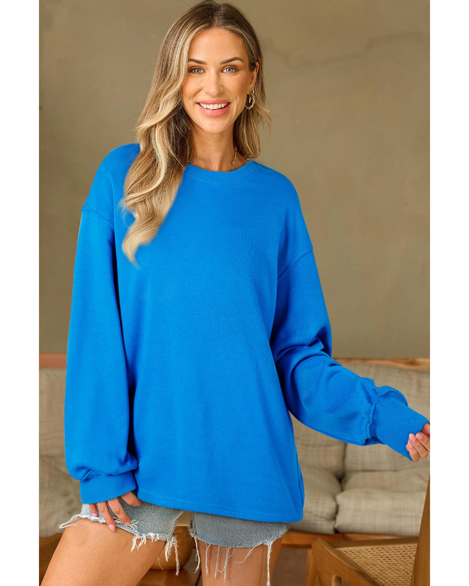Sky Blue Solid Color Drop Shoulder Long Sleeve Basic Sweatshirt - Image 5