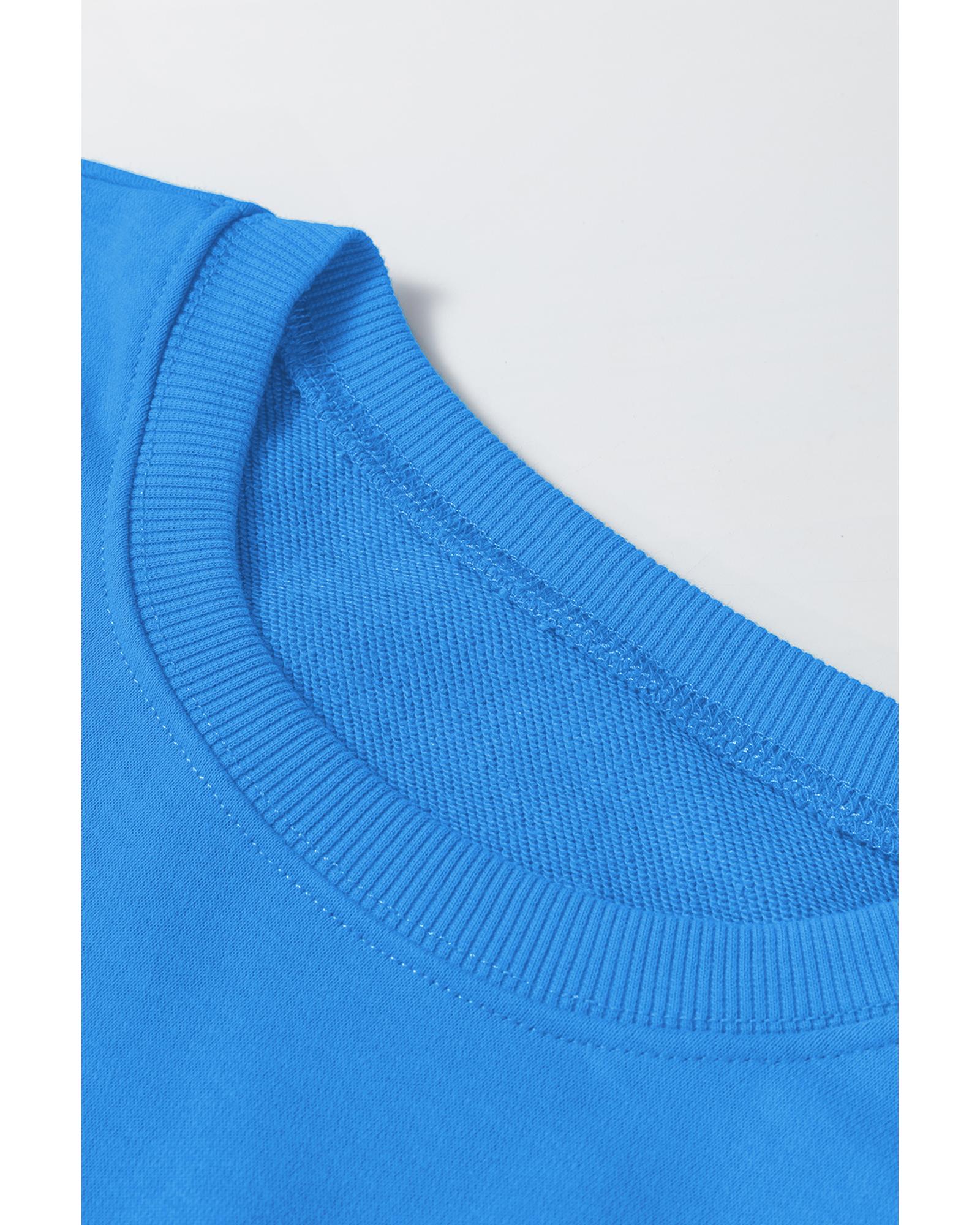 Sky Blue Solid Color Drop Shoulder Long Sleeve Basic Sweatshirt - Image 6